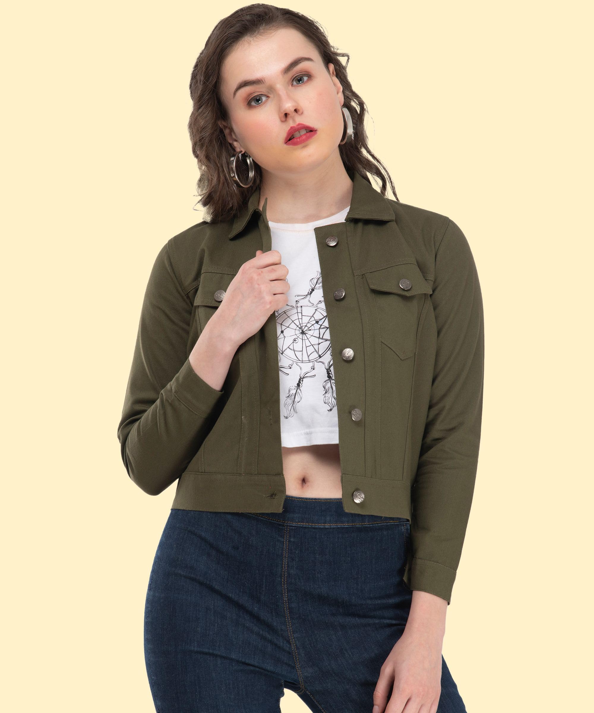montrez Women Olive-Green Crop Denim Jacket-picture-25
