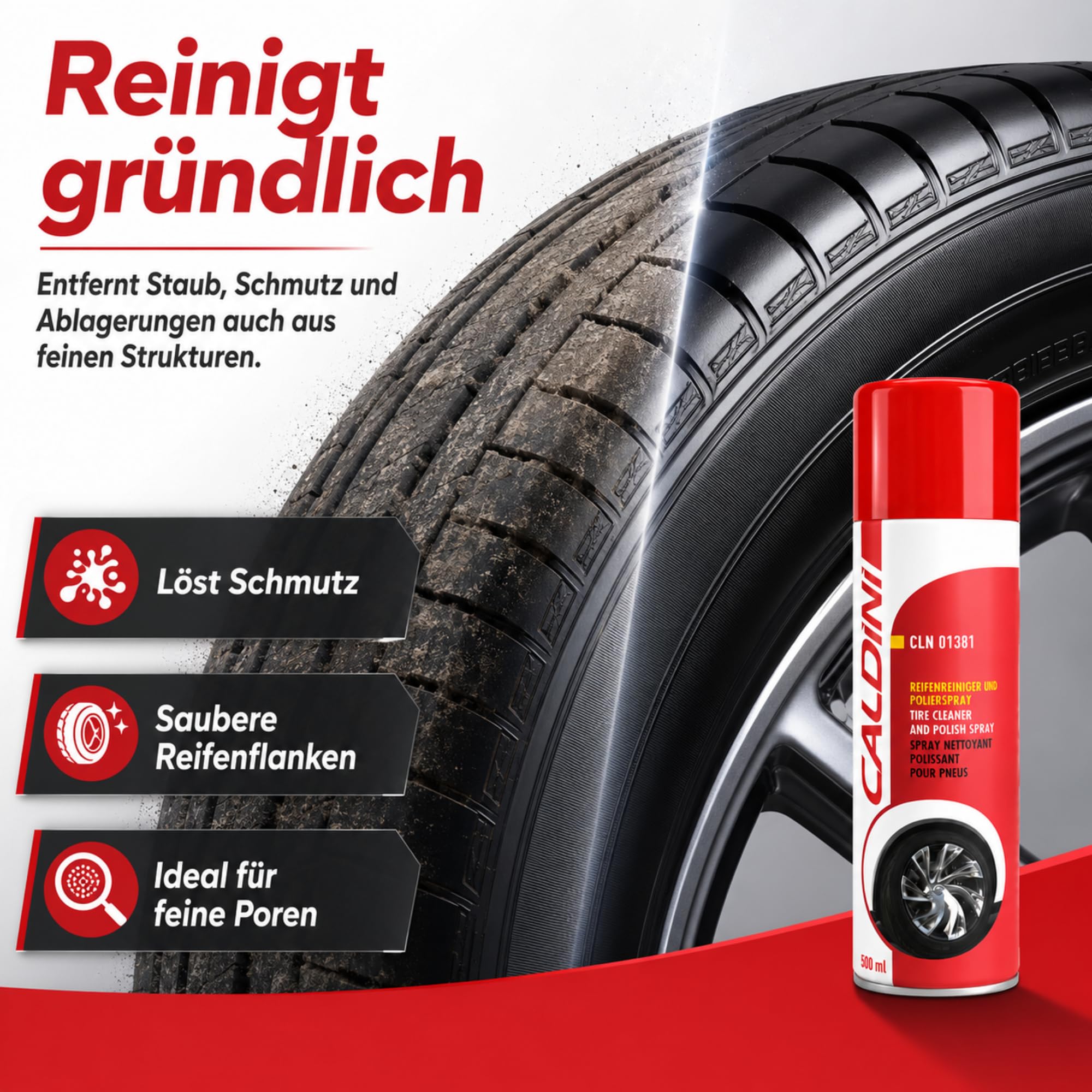 Caldini Reifenglanz Spray 12 x 500 ml, Premium Reifenpflege und Gummipflege, reinigt und pflegt Reifenoberflächen, sorgt für Glanz und Schutz vor Austrocknung, ideal für Auto, Motorrad und Transporter