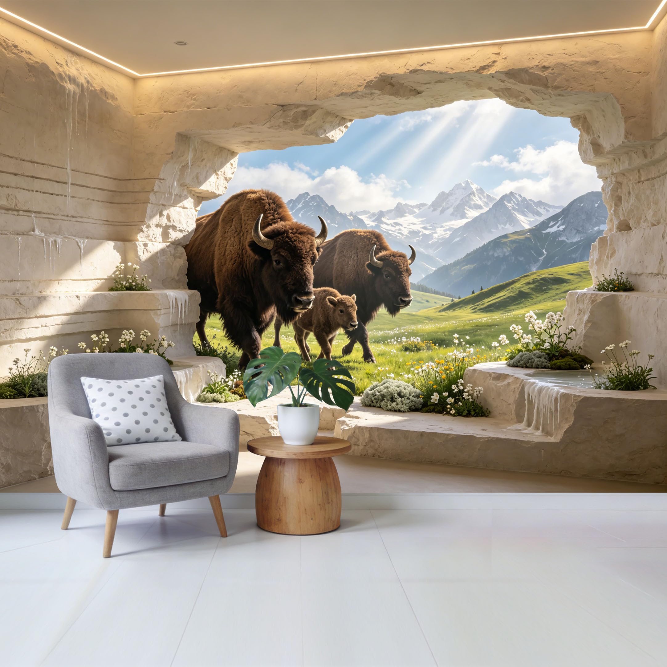Custom Size Wall Mural Majestic Buffalo Herd Mountain Meadow Landscape 3D Trompe L'Oeil Removable Self Adhesive Fabric， Home Wall Decor for Living Room Bedroom Bathroom