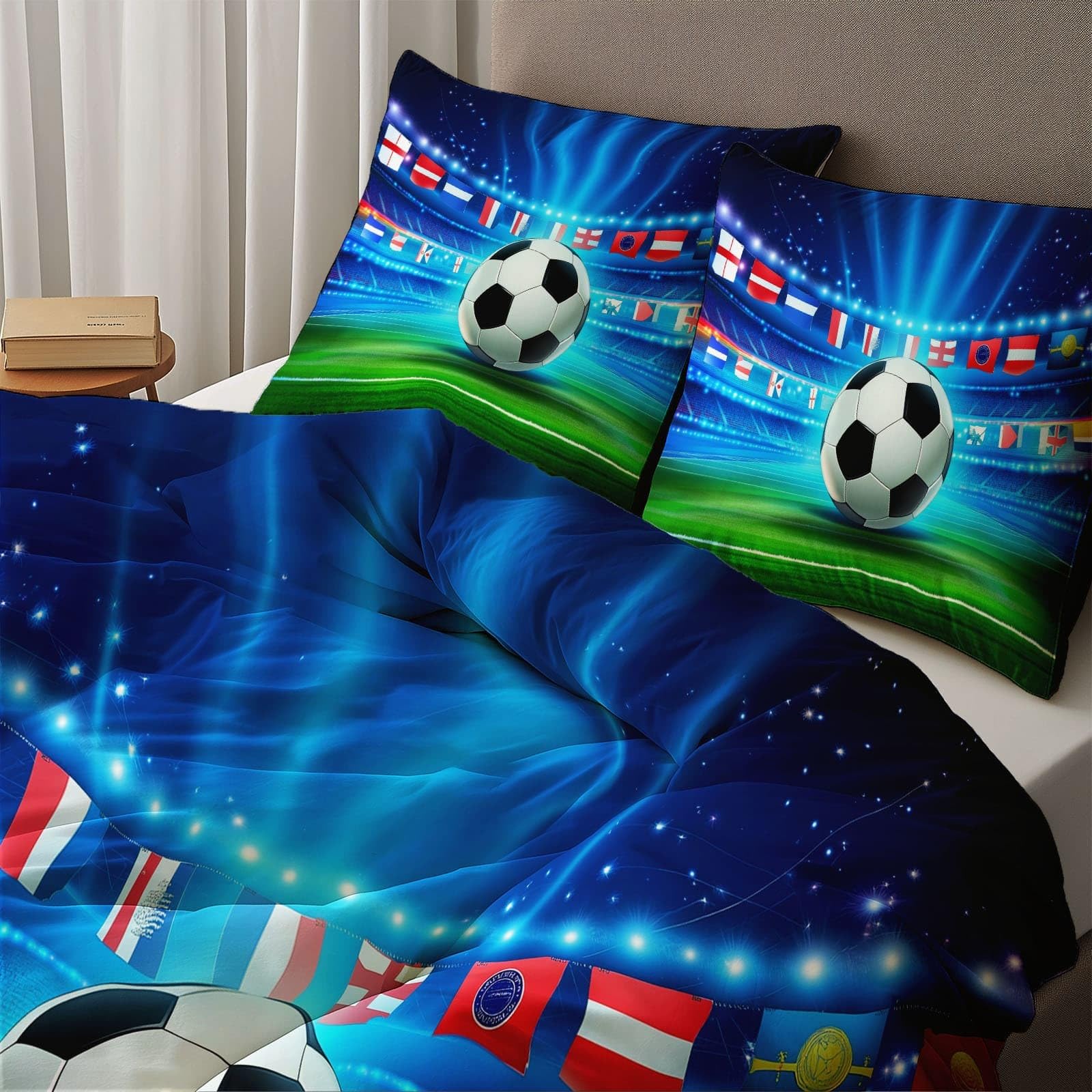 Générique Poszwy na kołdry 240 x 220 cm 3-częściowy zamek błyskawiczny Wygodny i oddychający wzór na arenie piłkarskiej z zamkiem błyskawicznym z mikrofibry 2 poszewki na poduszki 65 x 65 cm zielony