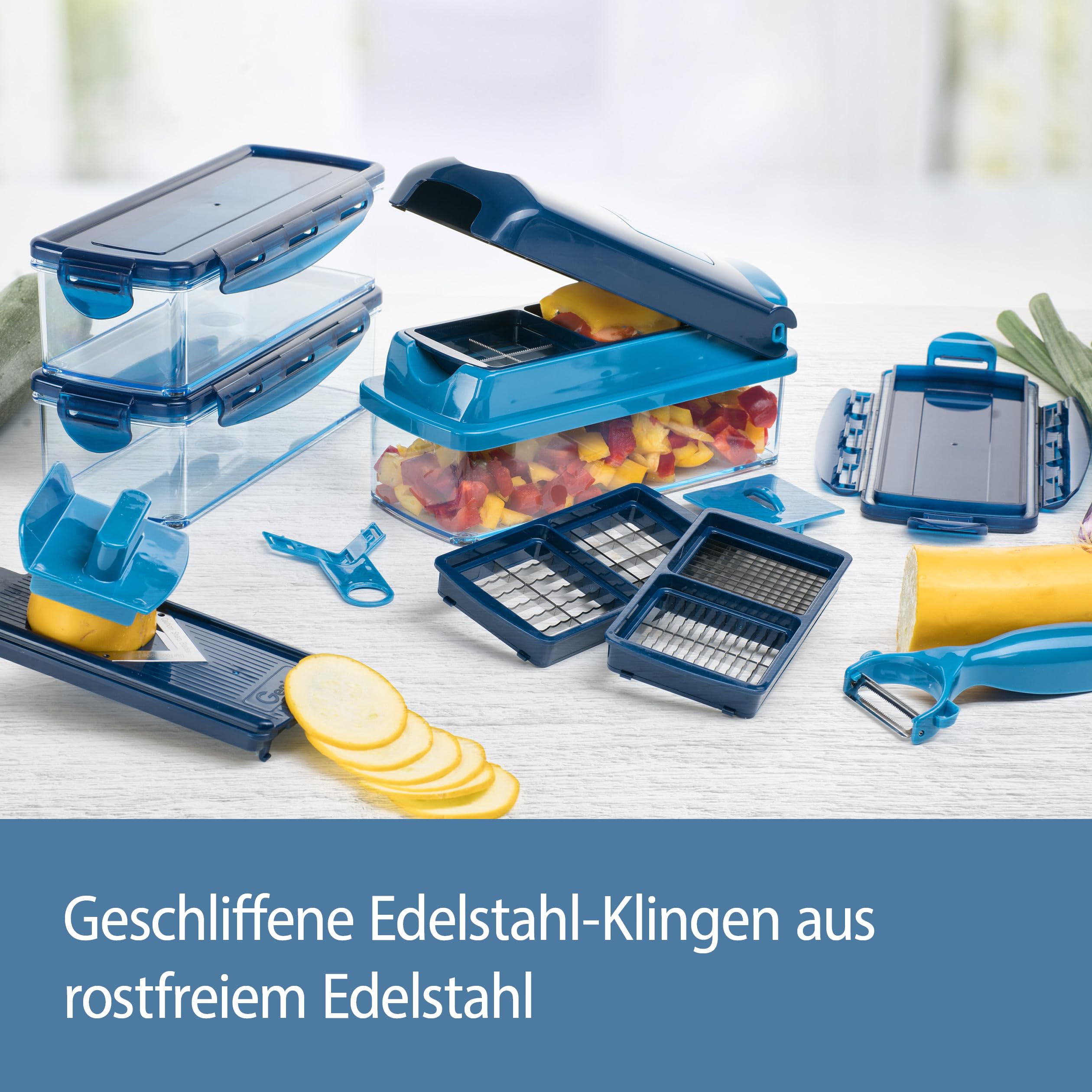 Genius Nicer Dicer Smart (14 tlg.) in blau - Gemüse-schneider für Würfel, Stifte, Scheiben, Streifen und Viertel inkl. Rezeptheft - Salatschneider Mandoline Gurkenhobel
