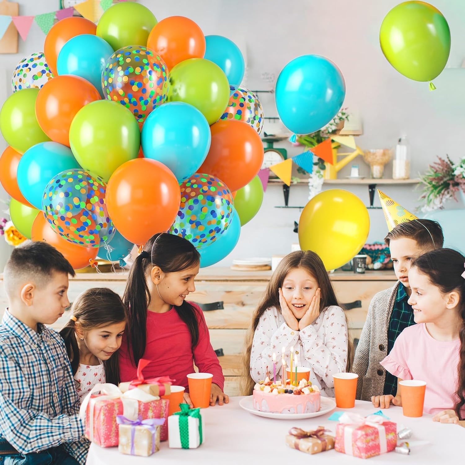 Dinosaur Balloons,50PCS 12 Inch Fruit Green Blue and Orange Confetti Balloons with Ribbon for Birthday Baby Shower Dino Jungle Birthday Party Decorations - Image 7