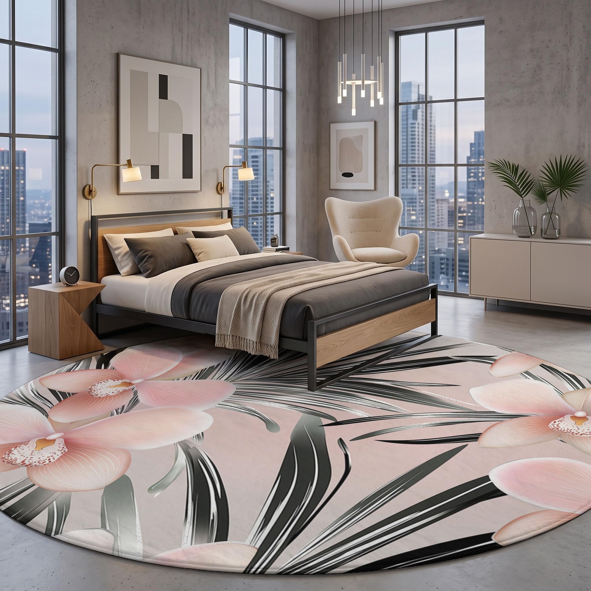 Alfombras Redondas En Rosa Claro 180cm, Alfombra Círculo Orquídea Rosa Palmera Hilo Plateado Franela Suave, Alfombra Plantas Tropicales Antideslizante Pelo Corto, para Dormitorio Comedor Sala de Estar