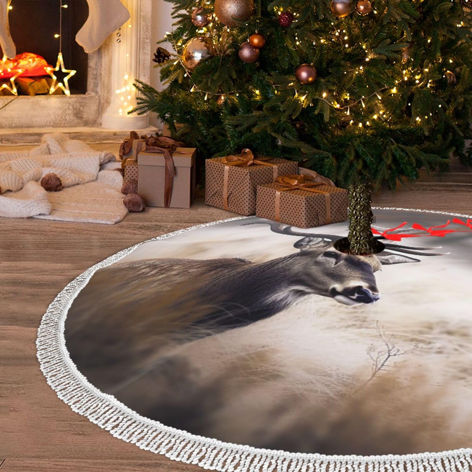Jupe de sapin de Noël 122 cm cerf sauvage tapis à pompons grand format