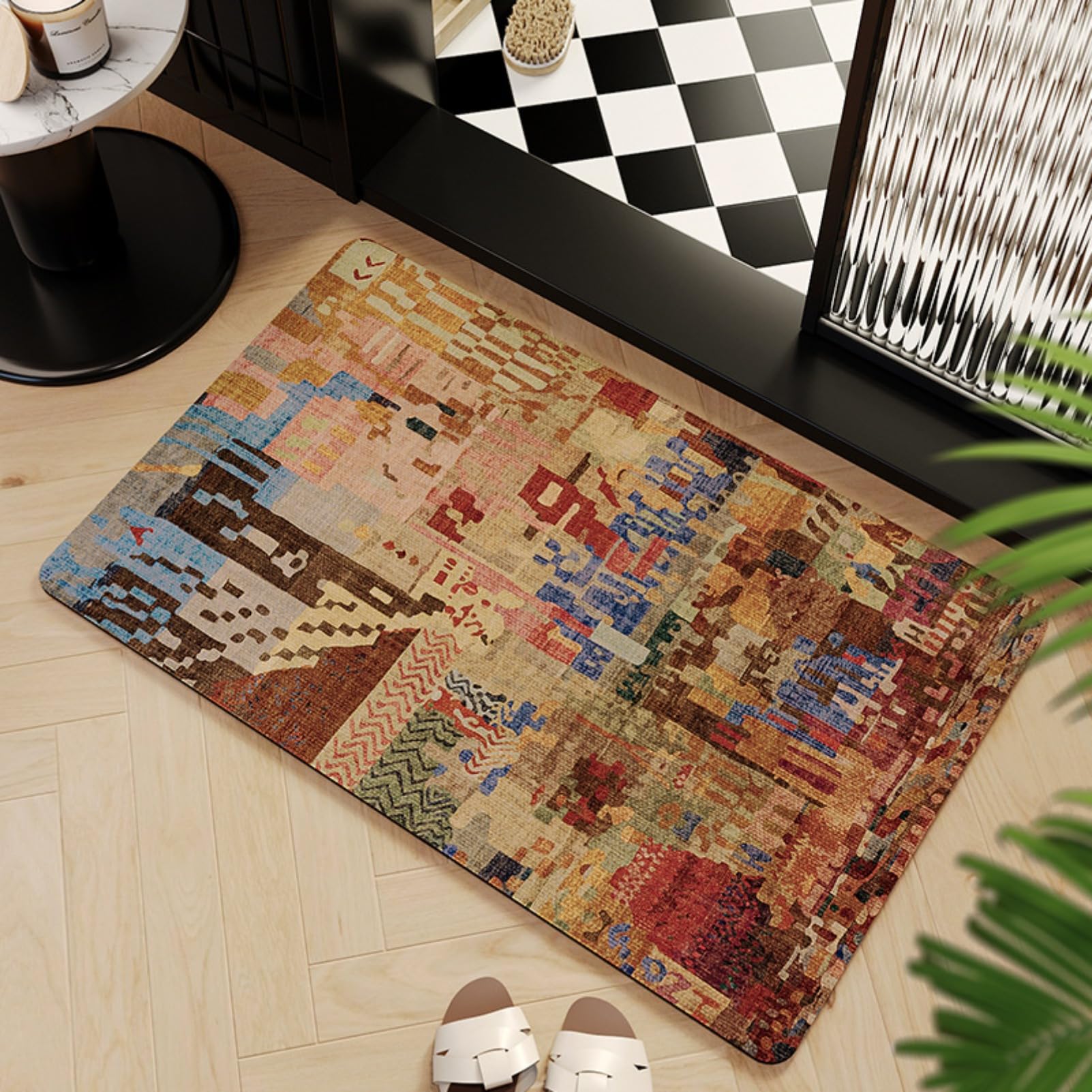 Tapete para puerta de entrada, lavable, de pelo bajo, con parte trasera antideslizante, diseño vintage moderno para cocina, salón, comedor, dormitorio (60 x 180 cm)