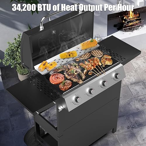 Miniatura 6 de Zevemomo Parrilla de propano de 4 quemadores con tapa superior, ruedas, mesas laterales, termómetro integrado, parrilla de gas de acero inoxidable