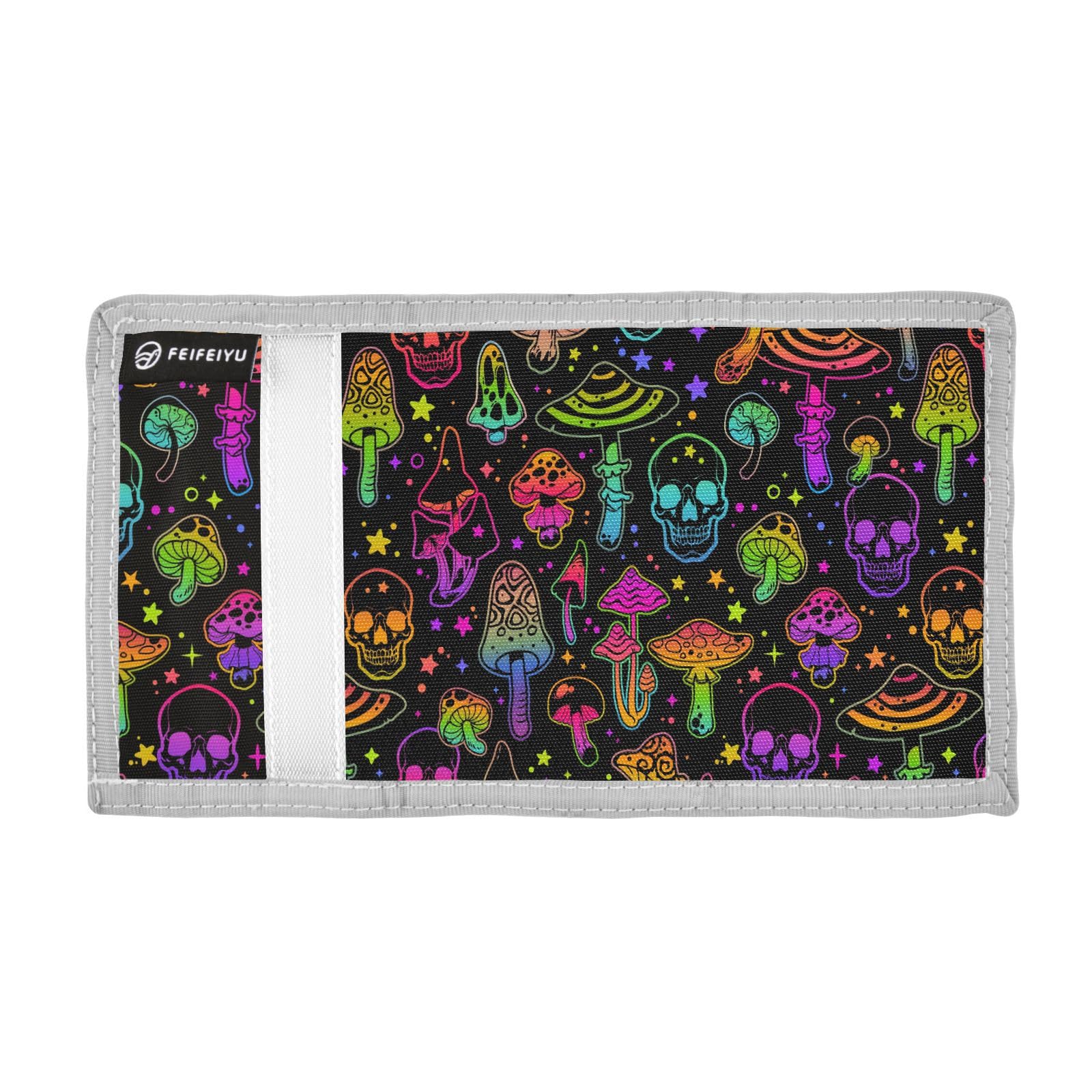 JHKKU Colorful Skull Mushroom Trifold Wallets for Kids Boys Girls, Outdoor Sports Wallet for Teen, with Zipper Coin Pocket Novelty Purse
