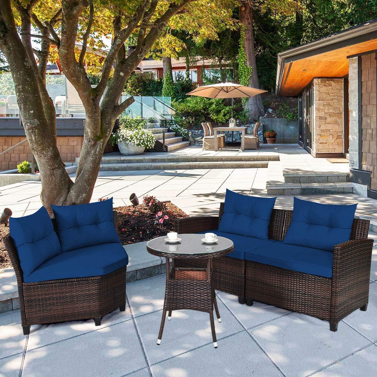 DORTALA 4-Piece Sectional Furniture Patio Set L-Shape Outdoor Wicker Sofa Set w/Cushions & Sophisticated Glass Coffee Table Couch Modern Deck Rattan Furniture for Garden Poolside Balcony, Navy
