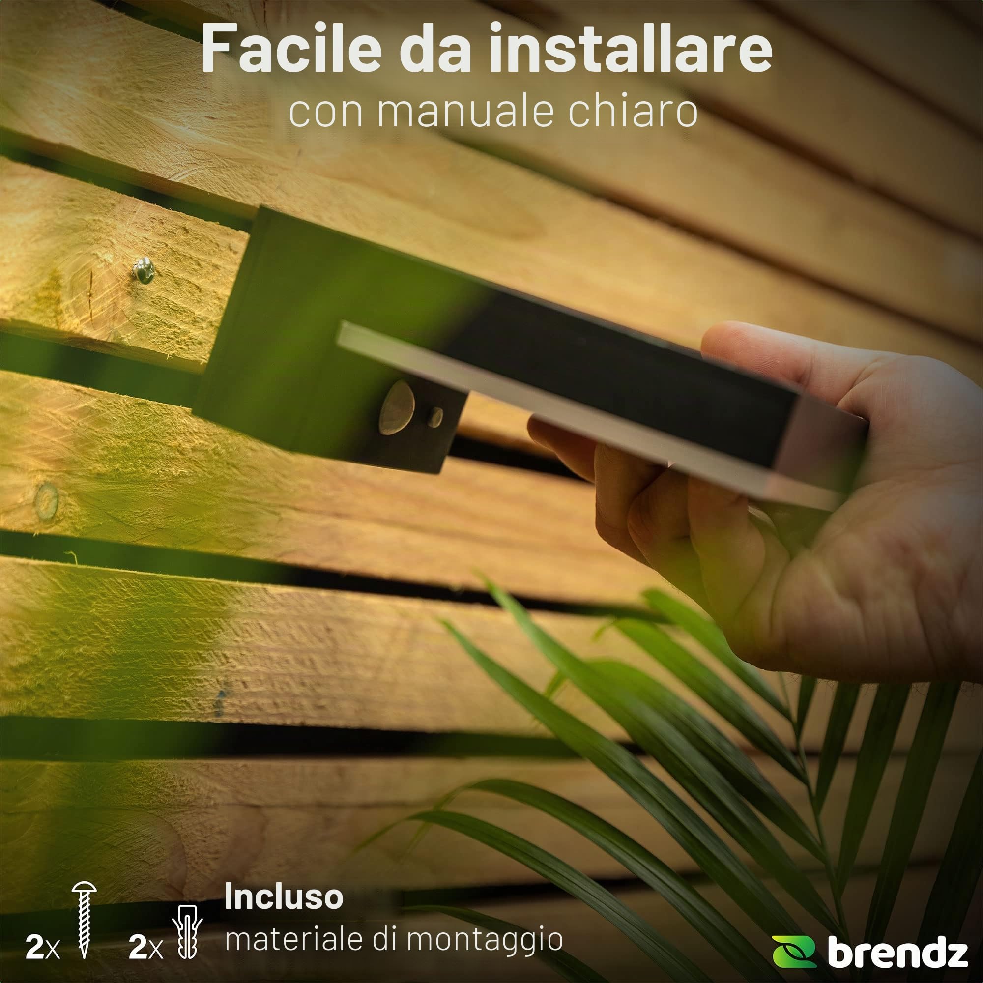 Brendz Applique da parete esterno solare con sensore di movimento PIR, 600 Lumen, Impermeabile IP44, lampada solare da esterno con 3 Modalità regolabili, Luce bianca calda 3000k, Set di 2