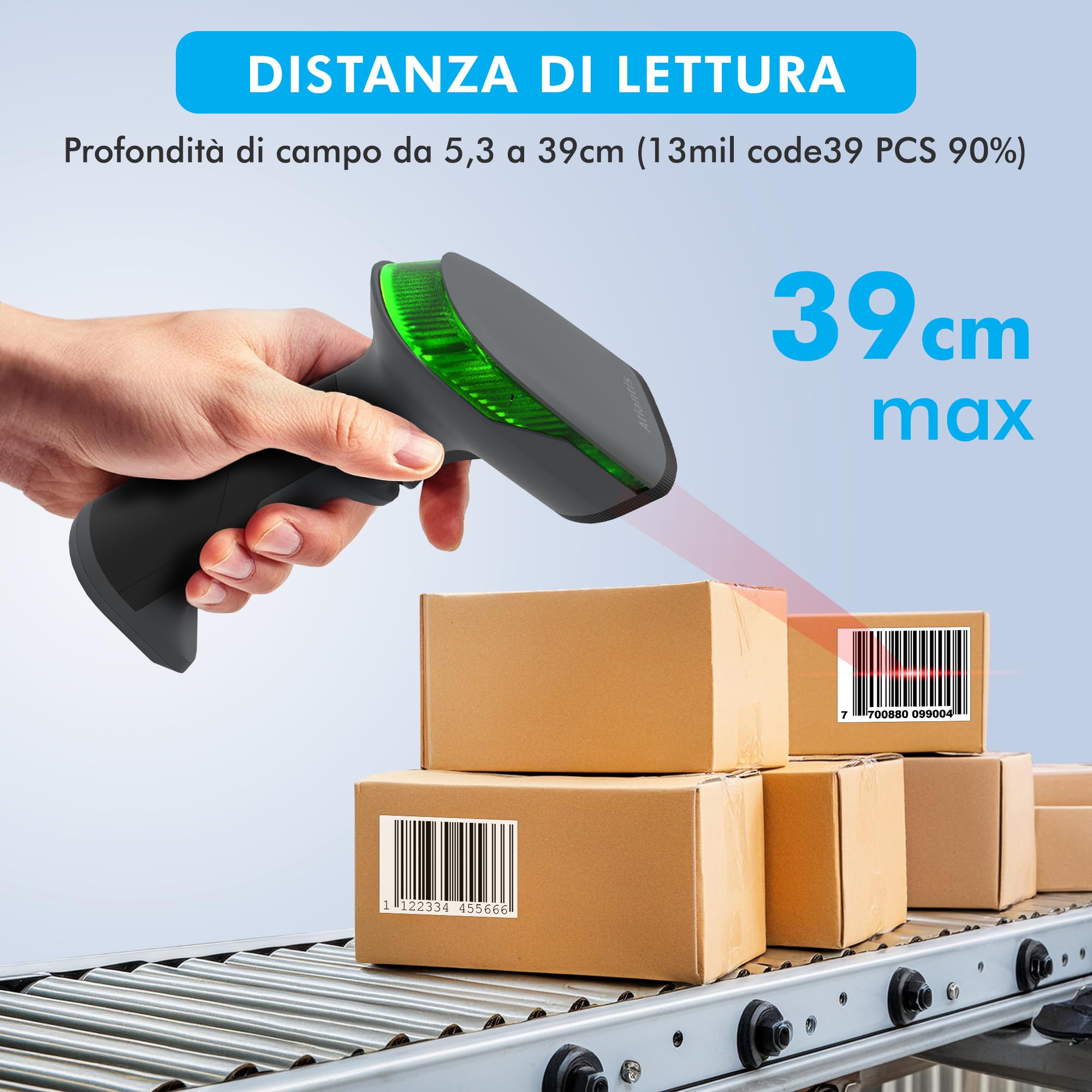 Atlantis A08-LD230P-2D-W Lettore Codici a Barre Barcode reader scanner Wireless 1D e 2D Ottico Prof (640x480), 60 fps, legge da smartphone e display, codice farmaceutico, collegamento USB,guida rapida