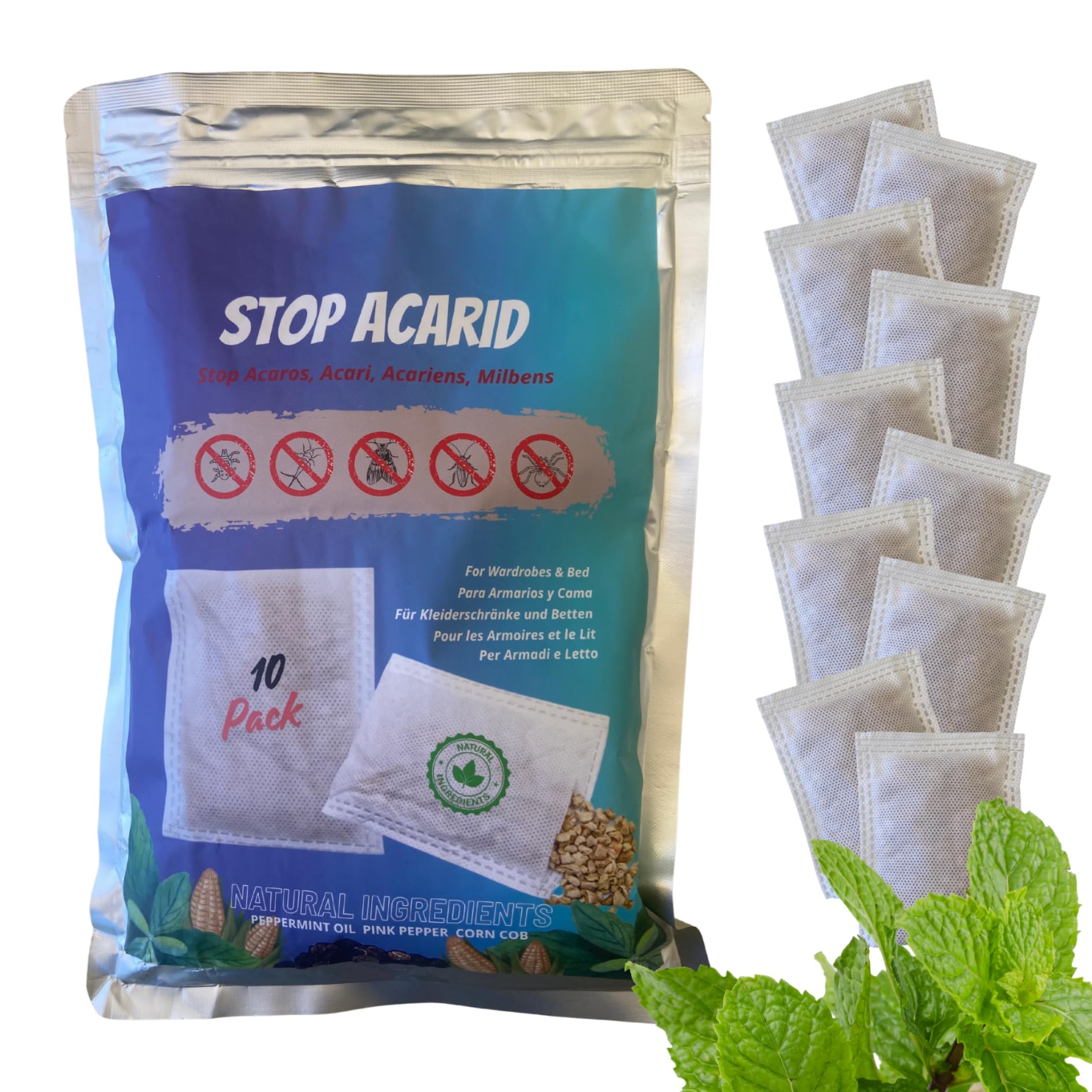 Tratamiento antiácaros a Base de Hierbas | Eliminador Natural de ácaros | Ahuyenta ácaros y polillas en Ropa de Cama, sofás, armarios, alfombras y Cojines | Pack de 10