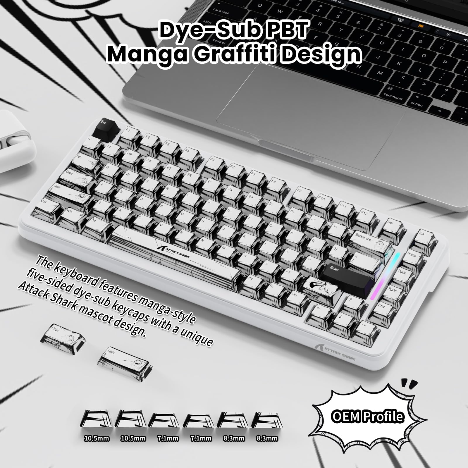 ATTACK SHARK X82PRO HE Tastiera Magnetica Wireless 75% con Attivazione Rapida, Tastiera da Gaming Cablata 8000, Switch Hall Effect a Corsa Regolabile, QWERTY, C01 Cavo Spiralato RGB –Comic