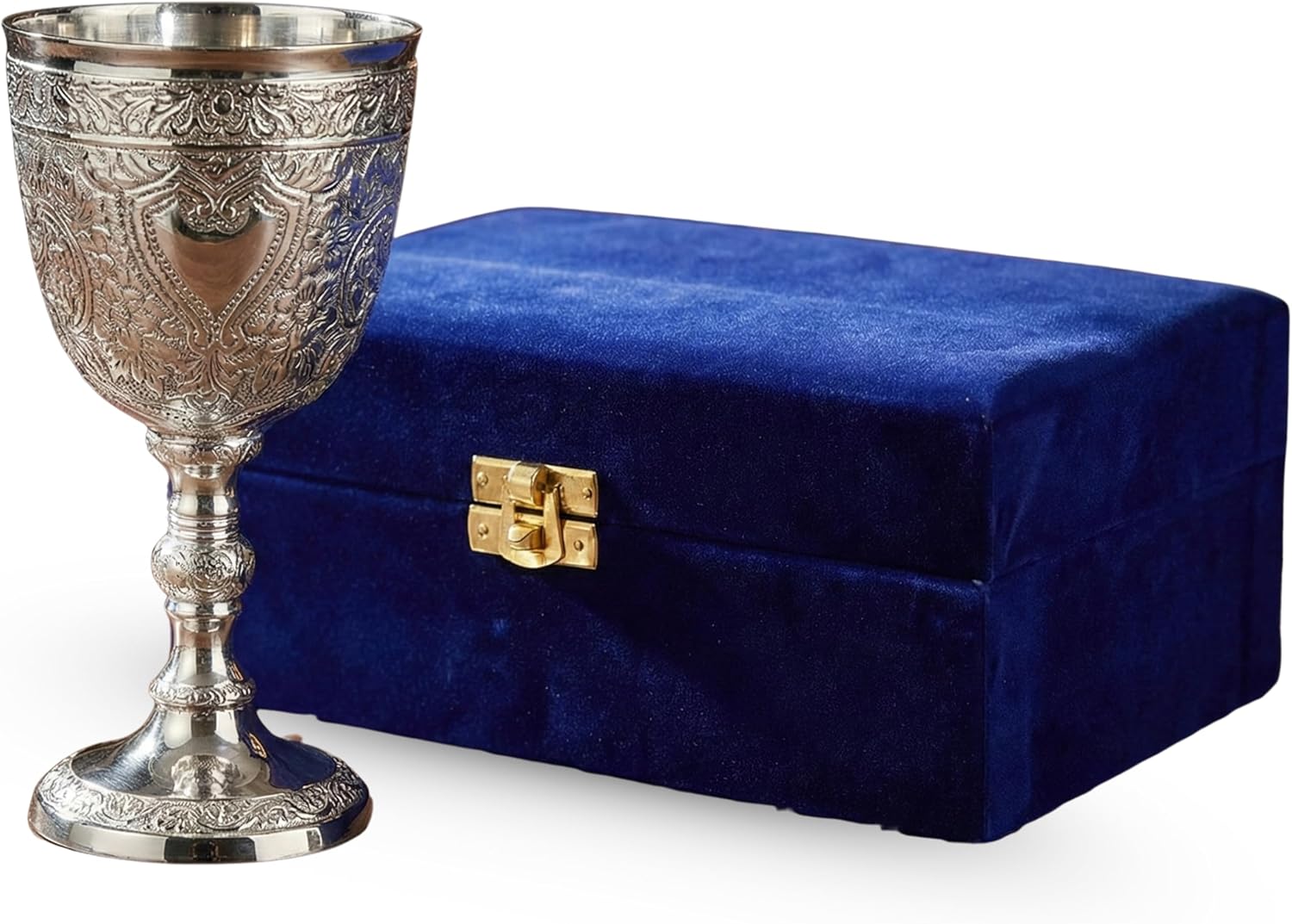 Goblet – Vintage Style Decorative Drinking Cup – 150 ML Capacity – Floral Design Chalice for Home Décor, Collectors, Celebrations & Gifting (Silver, With Blue Box)