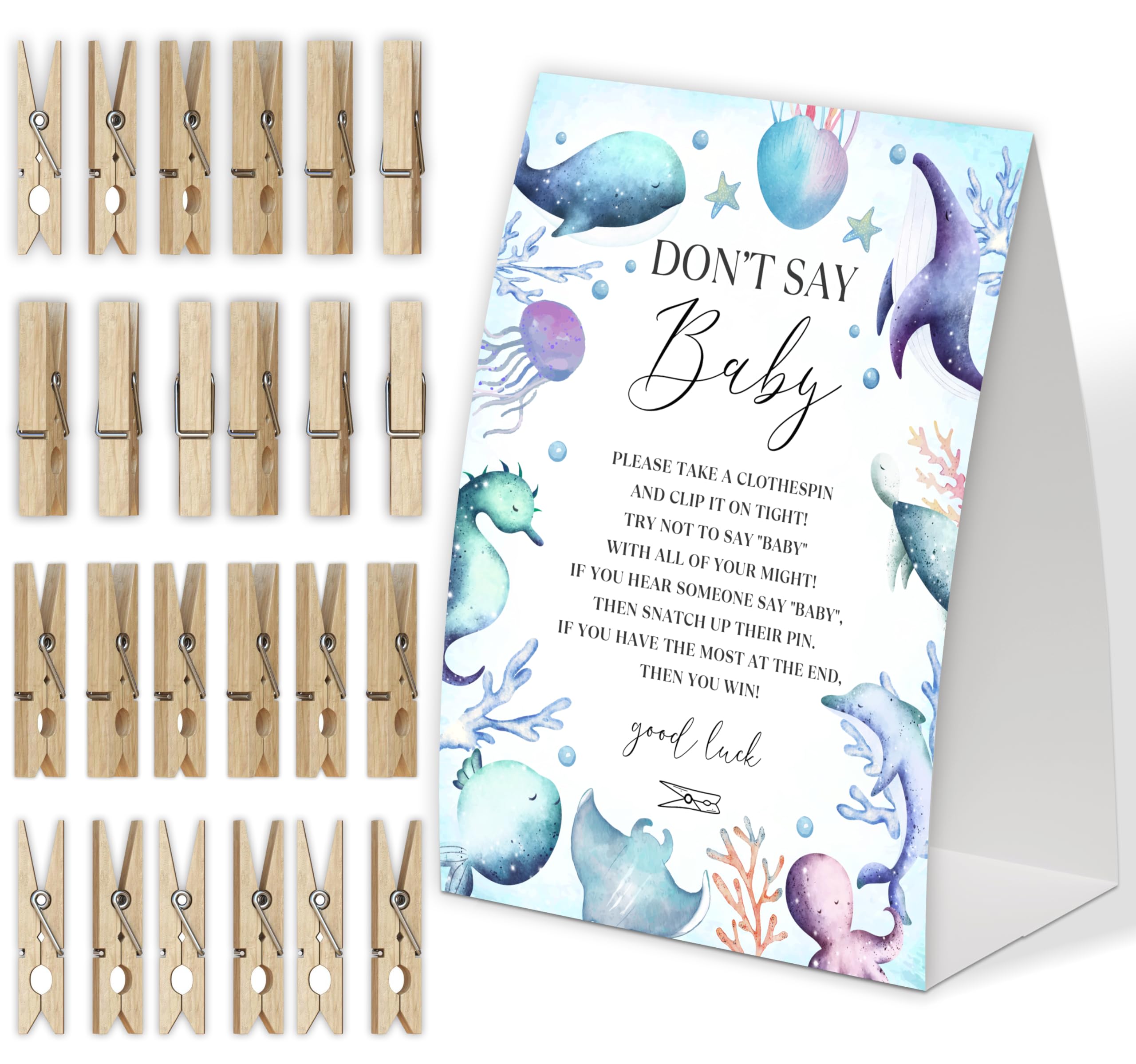 Under the Sea Don't Say Baby Game for Baby Shower, Pack of One 5x7 Sign and 50 Mini Natural Clothespins, Ocean Baby Shower Decoration, Gender Neutral