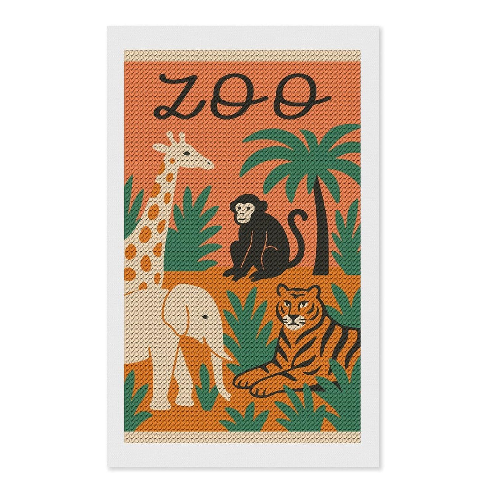 Junmoney Zoo Animals Illustration Diamond Painting Set 12"x20", Stress Relief Craft, Easy to Enjoy, Vintage Style Decor, Festive Craft Gift