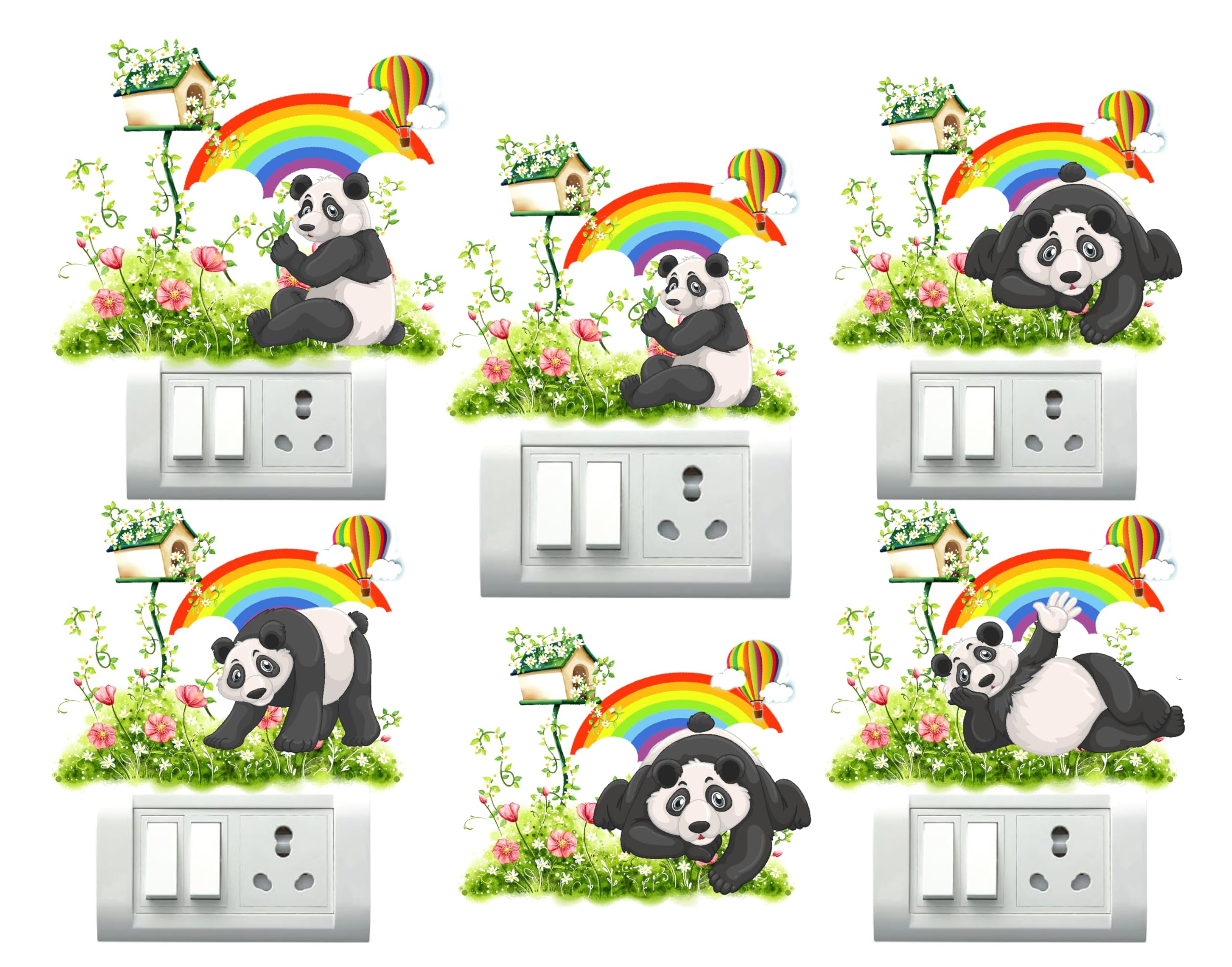 Design Decor Cute Panda Switch Board Sticker Birds Flower Electric Board Decals Pack of 6 Decorative Vinyl (Design 2)