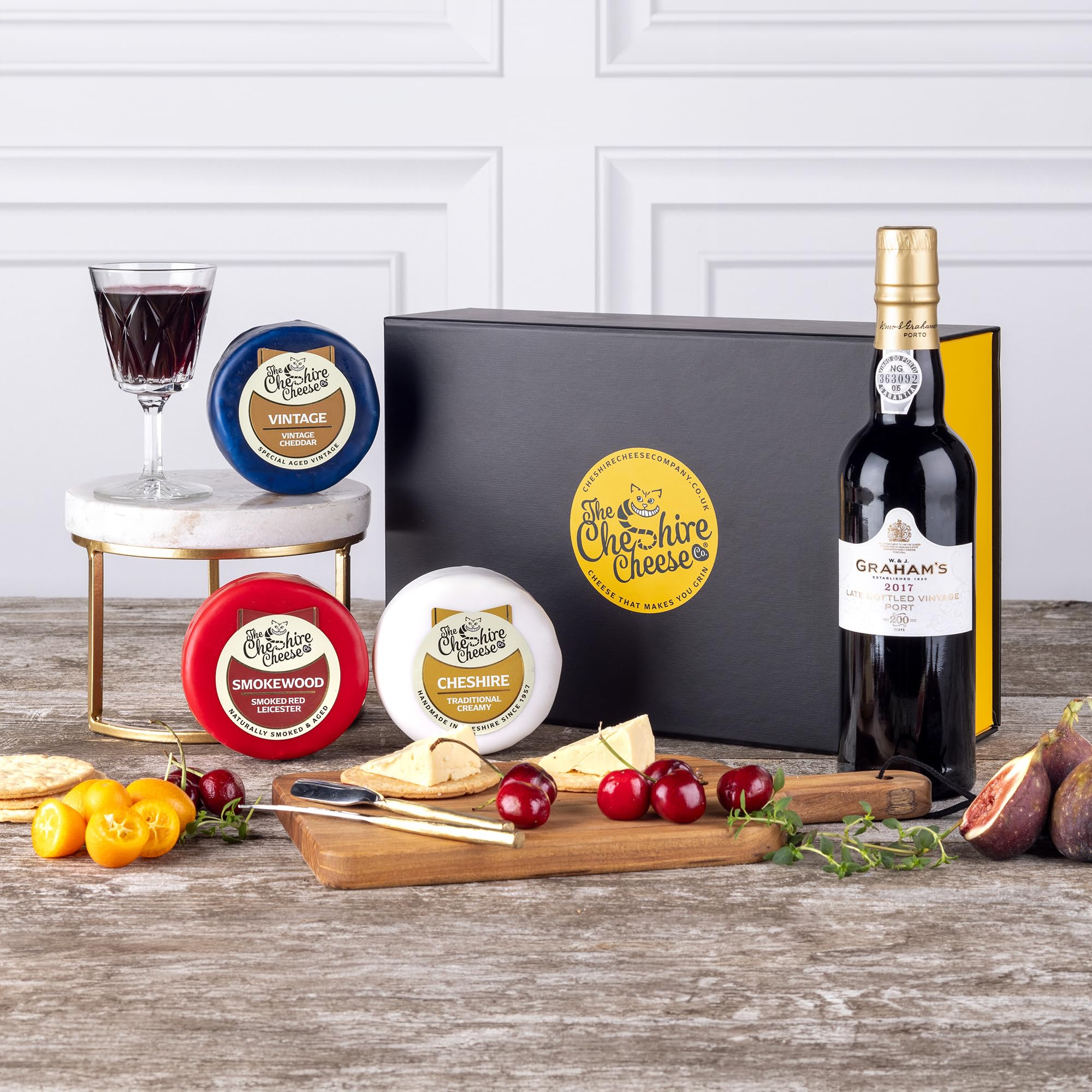 Perfect Companions Cheese & Port Gift Set | The Cheshire Cheese Company | Includes bottle of Late Vintage Bottled Port, 37.5cl and 3 Waxed Cheeses