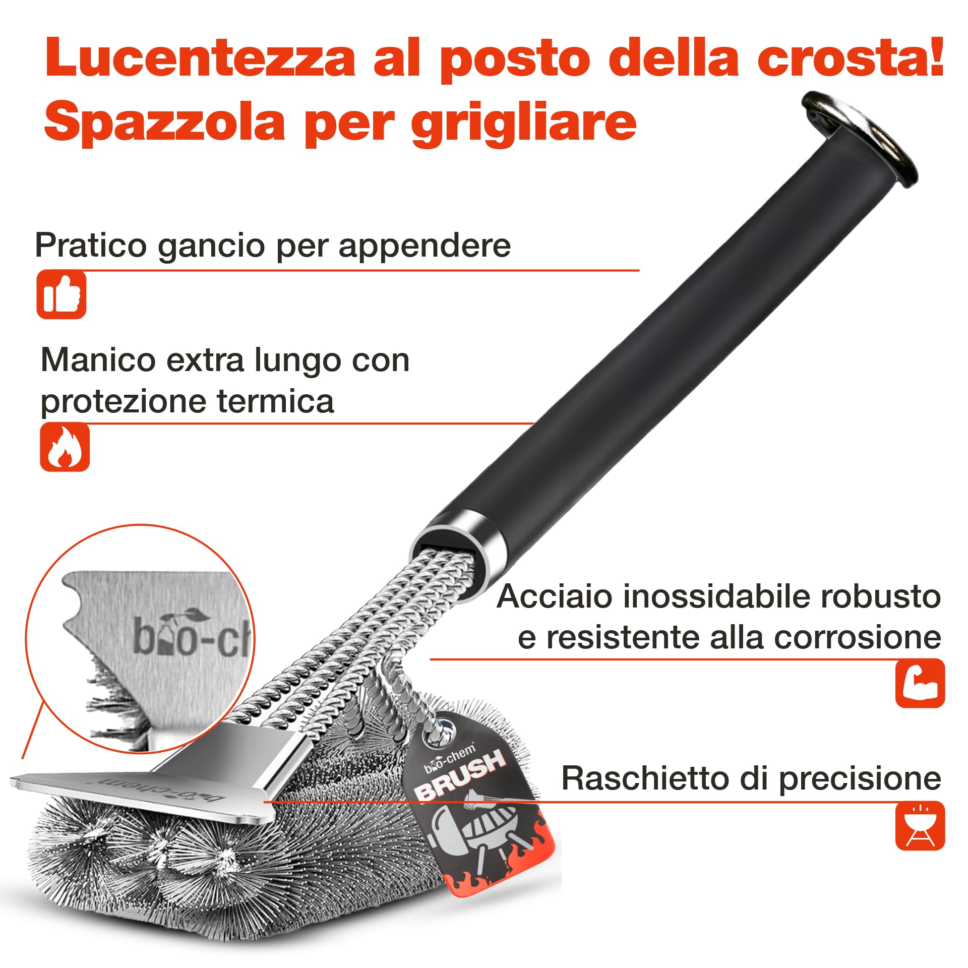 bio-chem - Detergente per Barbecue 750ml + Spazzola, Panno e Spugna - Spray per BBQ Pronto all'Uso, Ideale per L'Estate - Pulitore sgrassante per Griglie di Barbecue