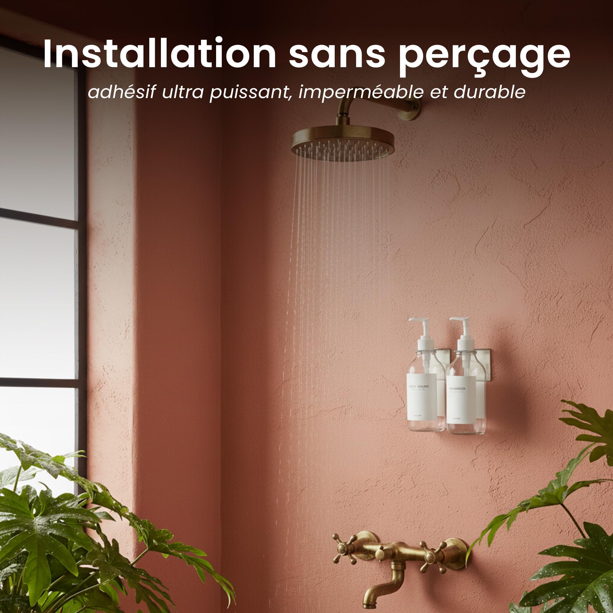 MaisoNovo Distributeur Savon Mural sans Percage Lot De 2-500ml Transparentes Distributeur Shampoing Et Gel Douche avec Pompes Blanche - Fixation Sécurisée