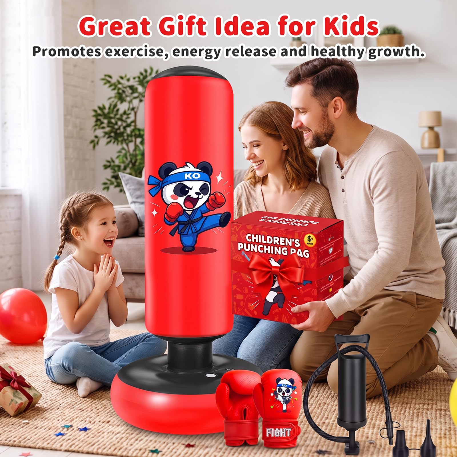 Ninonly Sacco da Boxe 130cm con Guanti e Pompa per Bambini 3-8 Anni | Sacco da Boxe da Terra Gonfiabile, Punchball per Karate MMA Taekwondo, Gioco Fitness per Allenamento a Casa, Design Panda