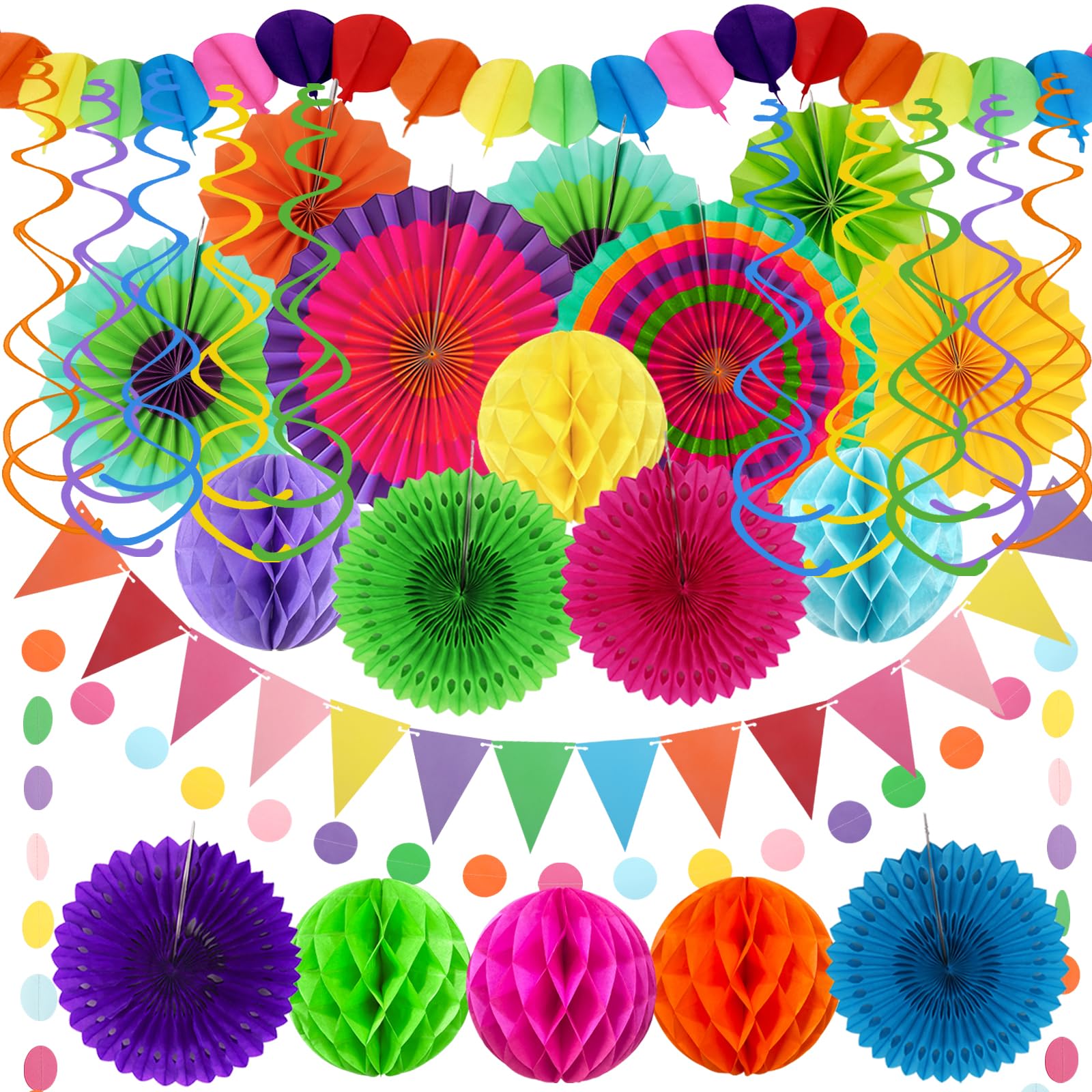 ZERODECO Fiesta Party Dekorationen - Leichte Zusammenstellung bunter Papierfächer, Wabenkugeln, Girlanden für mexikanische Feste, Cinco de Mayo Feiern, Geburtstagsfeiern und Regenbogen Partys