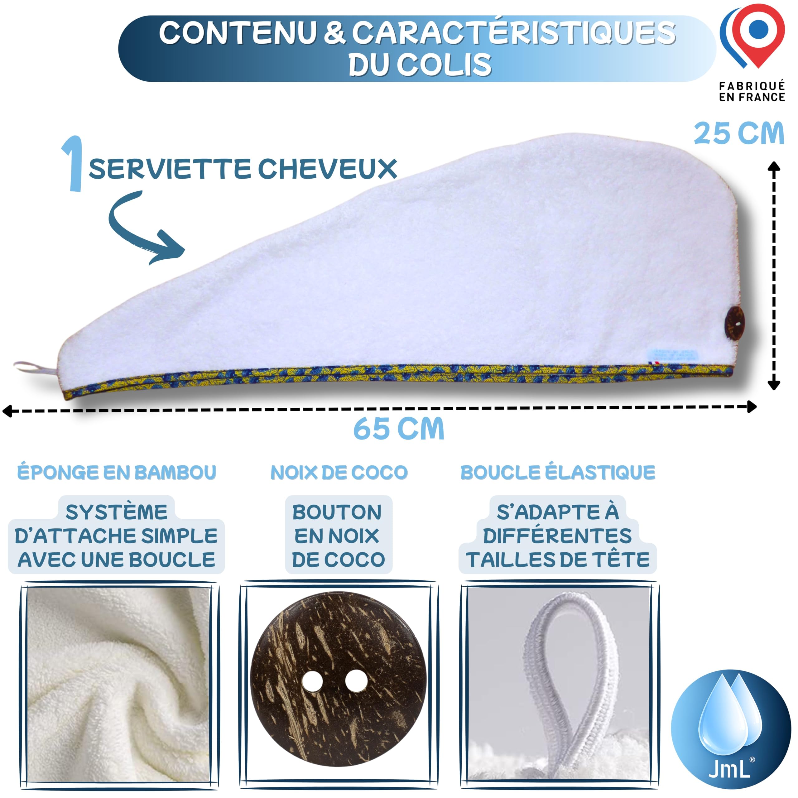 JaMoonLBV Jml Serviette Cheveux Douce Éponge Bambou Made in France