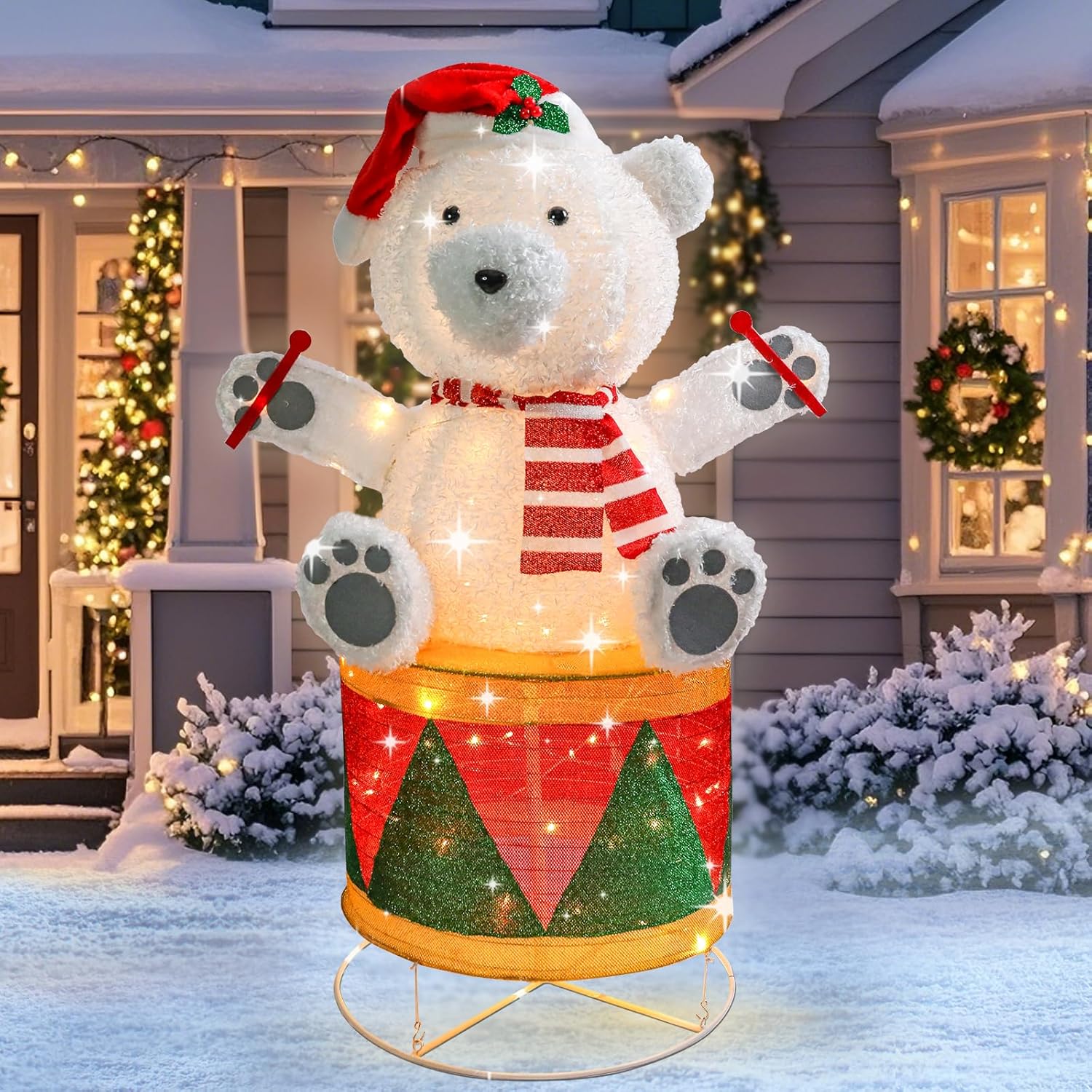 MUMTOP Christmas Decorations Outdoor Yard, Drumming Polar Bear Outdoor Lighted Holiday Displays, Collapsible Tinsel Pre-lit Light UP Christmas Decoration for Indoor, Outdoor, Party, Home Decor Gift