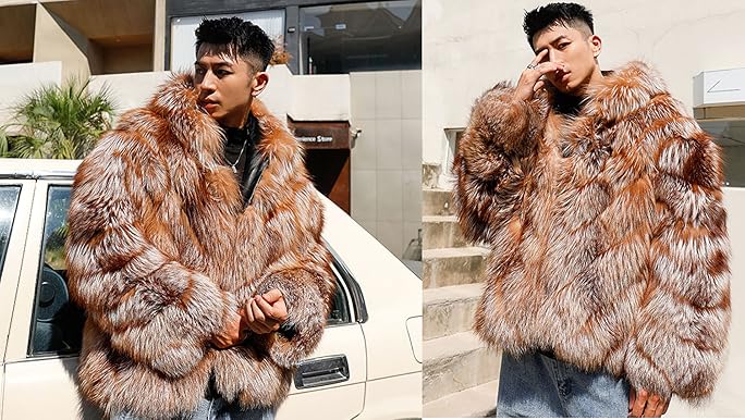 ジャケット・アウター akio docking blouson with fur Denny&Dora Men's Hooded Fox Fur Jacket - Winter Warmth in Brown