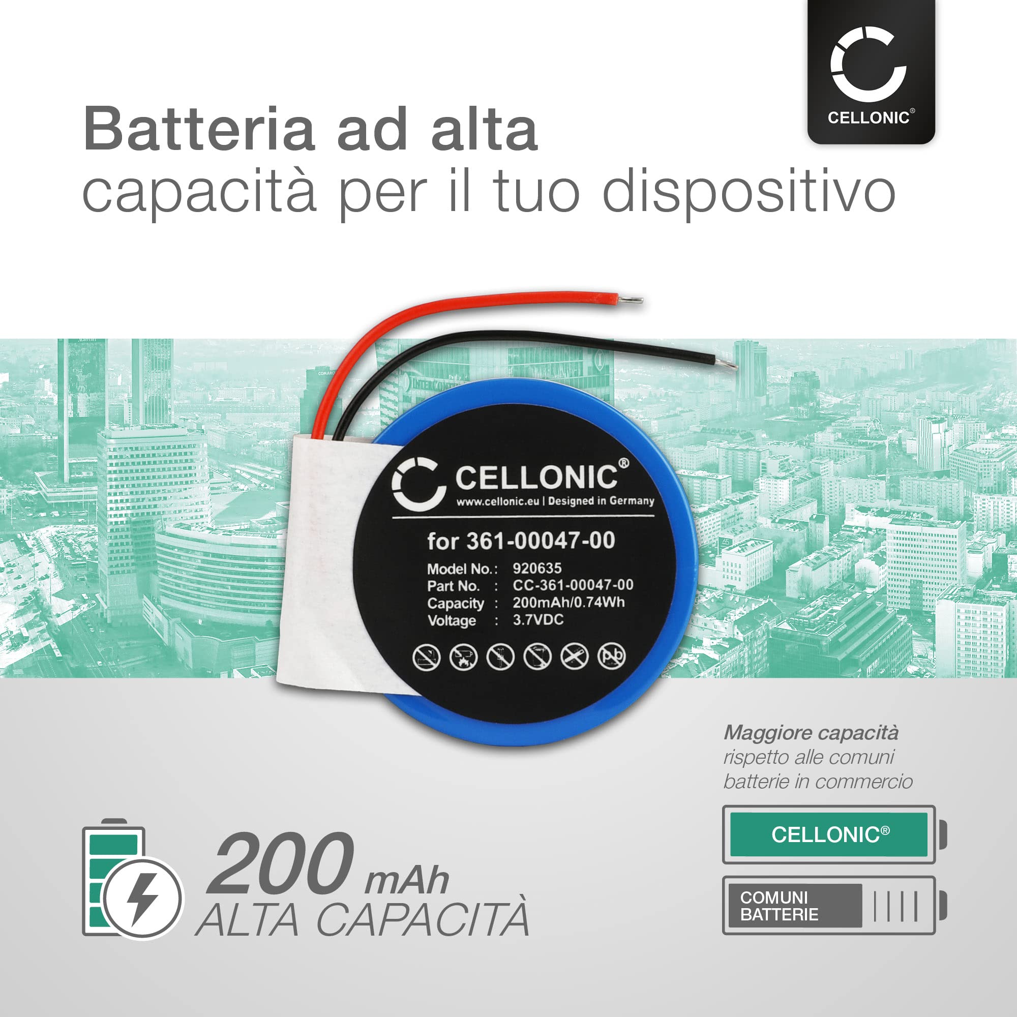 CELLONIC 1x Batteria per Smartwatch e braccialetto fitness Compatibile con Garmin Approach S2, Forerunner 110, Forerunner 210, 361-00047-00 – (200mAh, 3.7V)