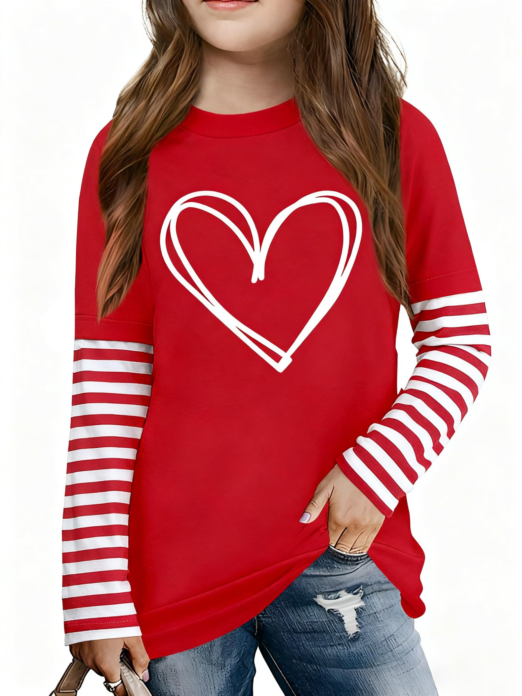 LAZYCHILD Kids Valentine Shirt Girls Valentines Day Shirts Heart Graphic Long Sleeve Striped Tee Tops 5-14 Years