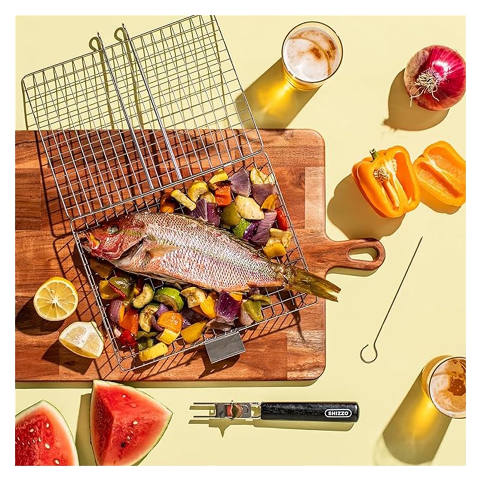 Barbecue portatile pieghevole in acciaio inox con manico, perfetto per grigliare pesce e gamberetti, accessorio ideale per barbecue per cucinare all'aperto