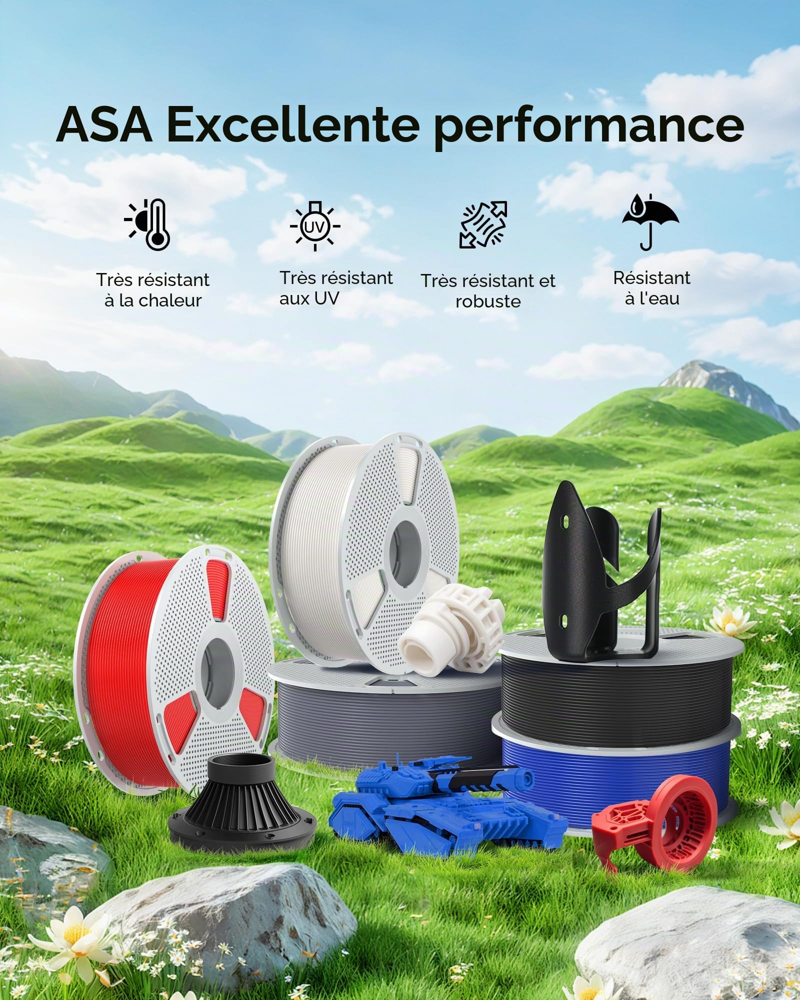 SUNLU ASA Filament pour imprimante 3D - Bobine soignée de 1,75 mm - Résistant aux rayons UV/pluie/chaleur - Idéal pour l'impression de pièces mécaniques fonctionnelles en plein air, 1KG(Gris)