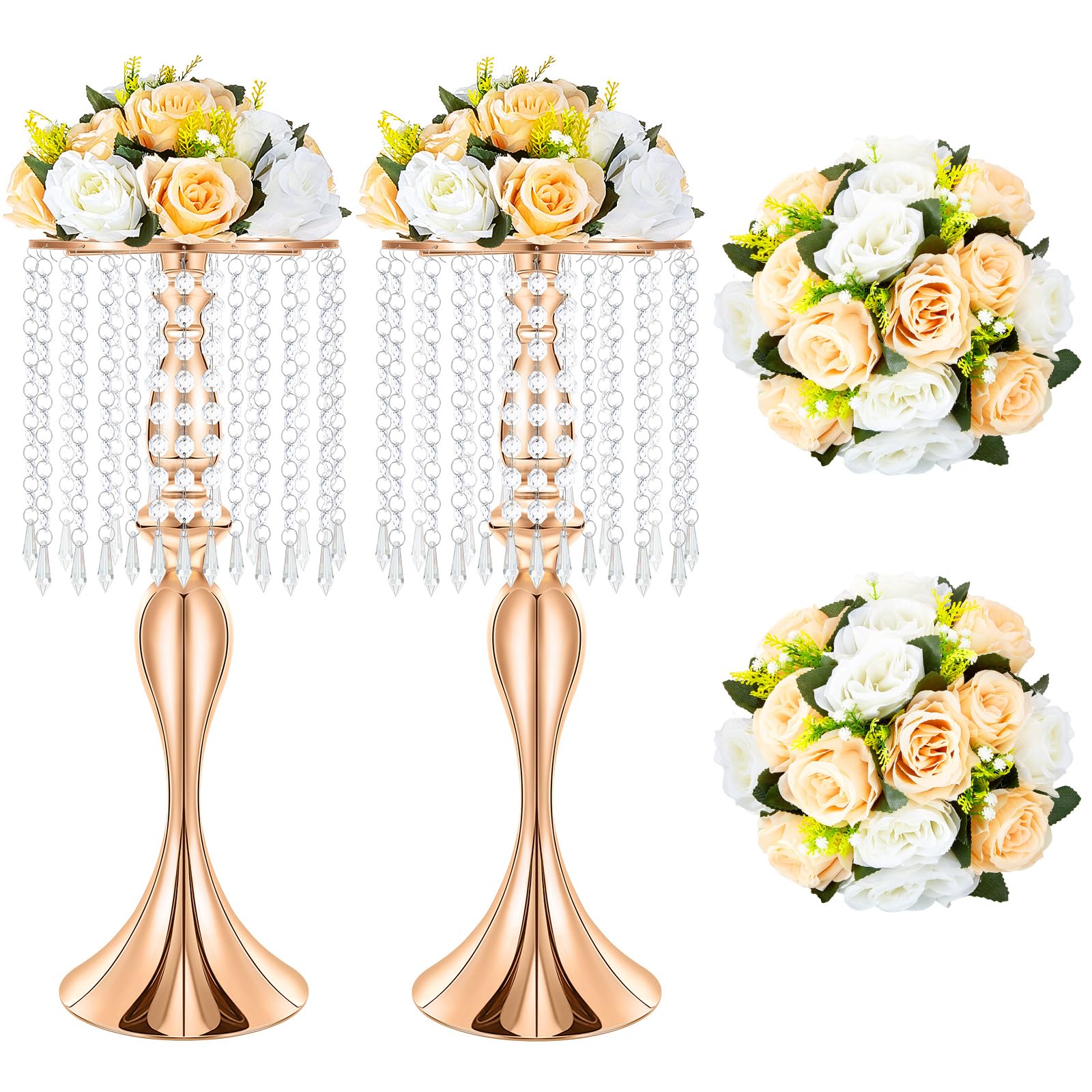 Pelopy 2 Sets 21.3 Inches Tall Crystal Flower Stand Wedding Centerpieces with 2 Fake Flower Ball Arrangement Bouquet Wedding Gold Centerpieces Table Tall Crystal Flower Stand Centerpiece for Wedding