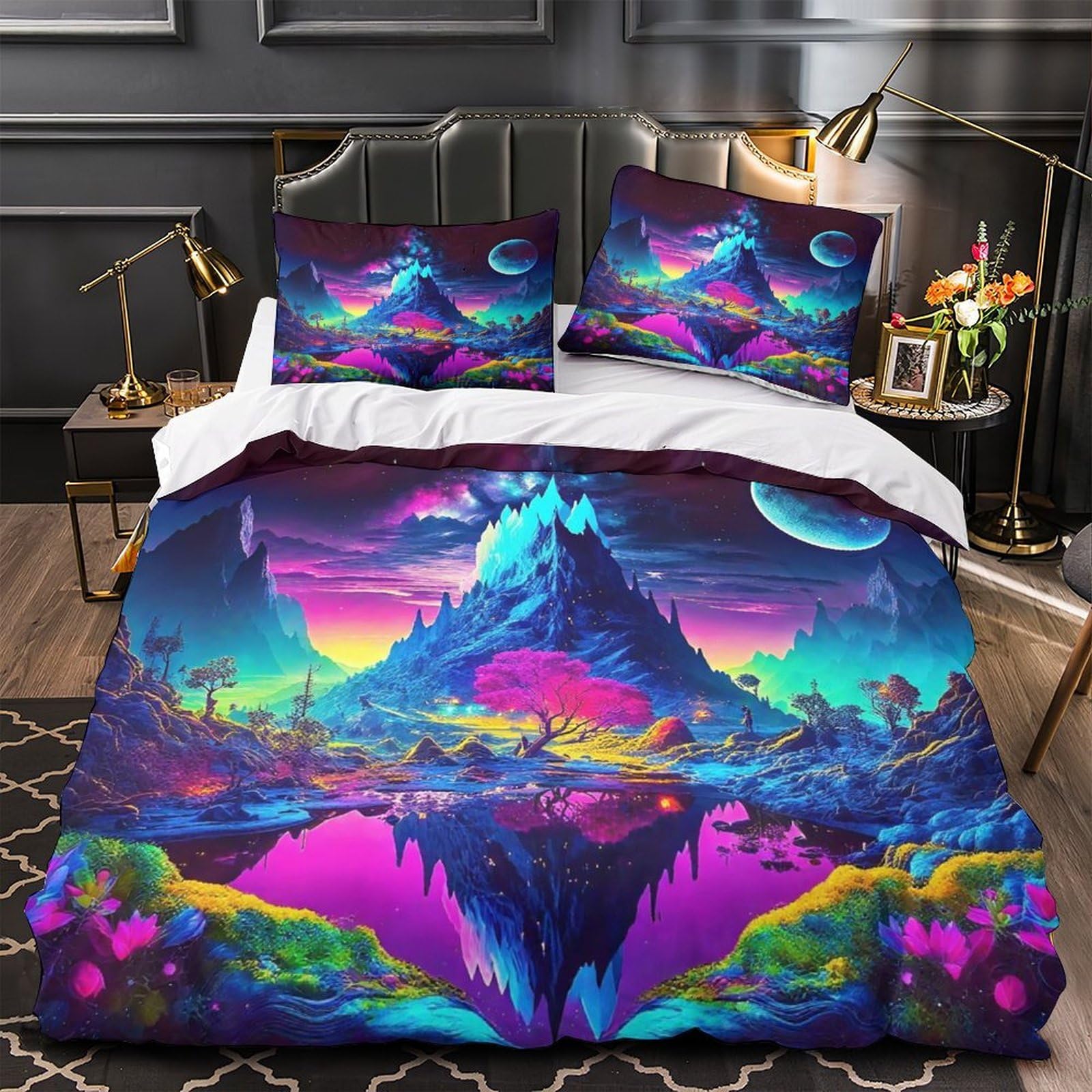 Housse de couette 3D paysage Super King 260x220 cm avec taies d'oreillers en microfibre