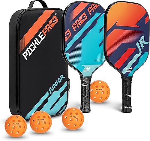 PicklePro Junior - Juego de palas de pickleball para jóvenes con 2 paletas ligeras, 4 bolas de pickleball y cubierta, superficie de fibra de vidrio