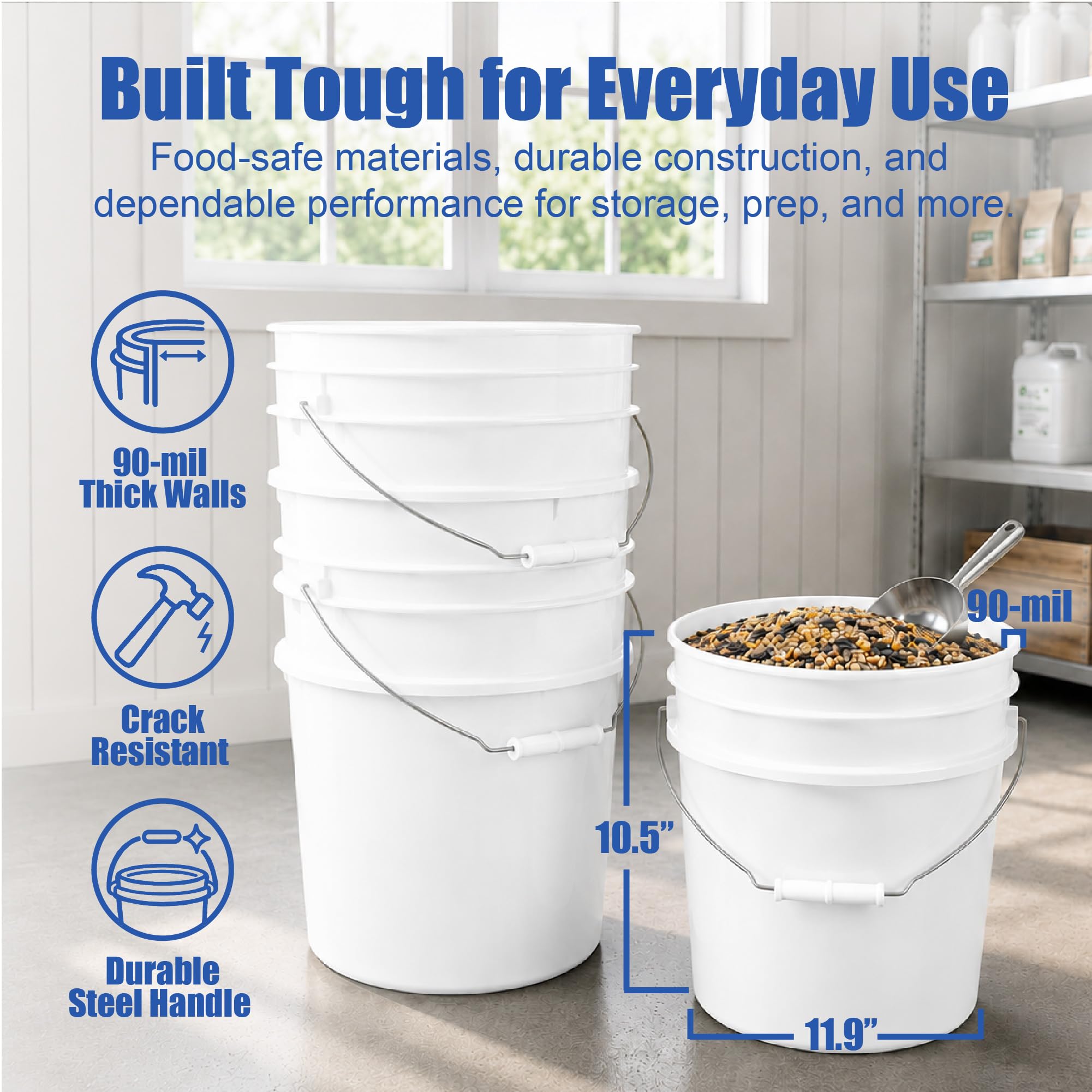 3,5 galones cubo de plástico blanco y tapa – Durable 90 Mil cubo multiusos – Calidad alimentaria – no contiene BPA plástico – reciclable – 1 unidades