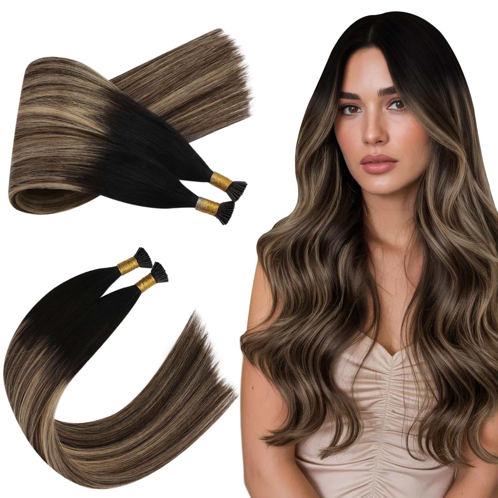 Ugeat Dark Brown Itip Hair Extensions Balayage Black I Tip Hair Extensions Human Hair Caramel Brwon Medium Length for Work Natural Looking 50S 18 Inch