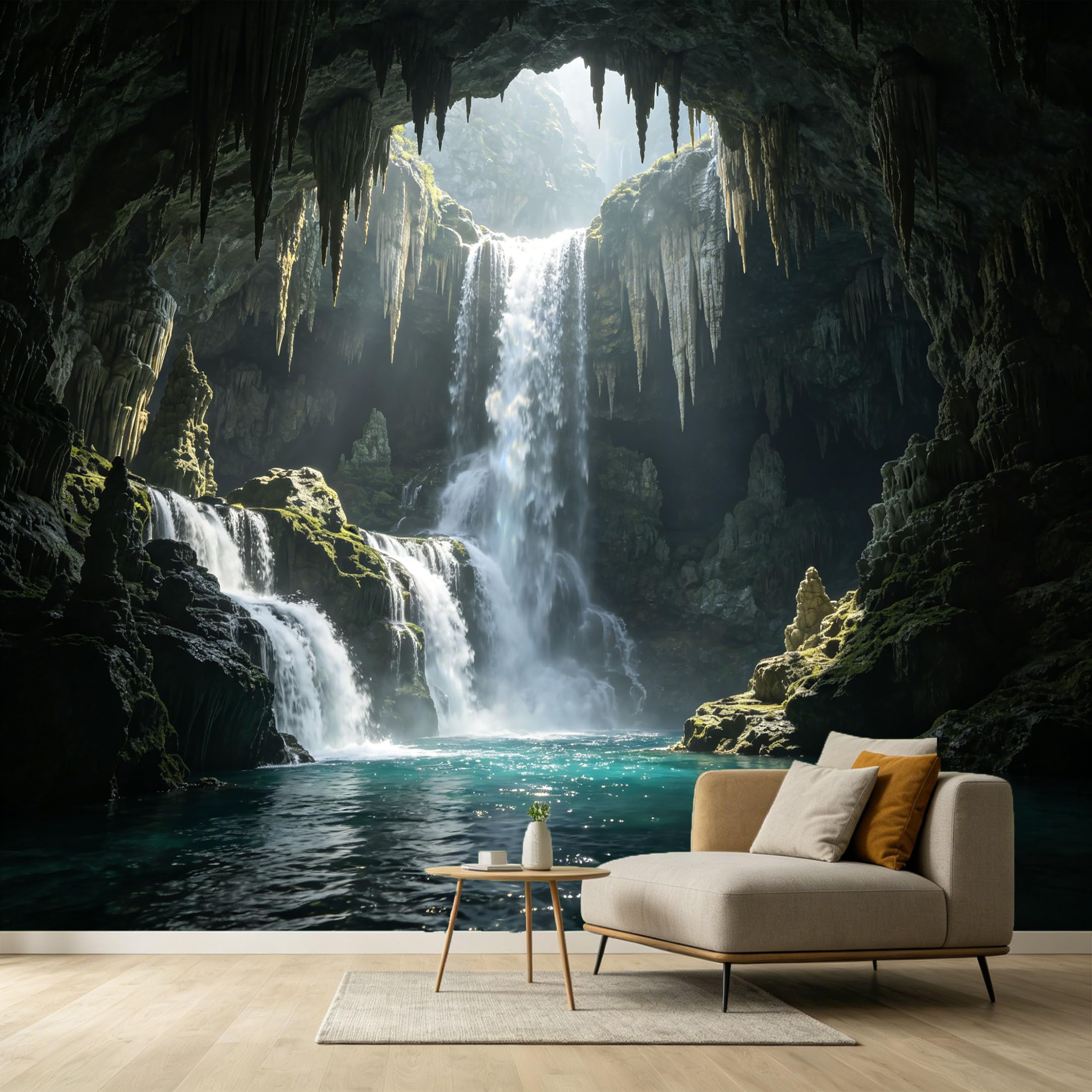 Custom Size Wall Murals Waterfall Cave Landscape 3D Trompe L'Oeil Stalactite Water Pool SelfAdhesive Wall Fabric Removable Large Wallpaper for Photo Living Room