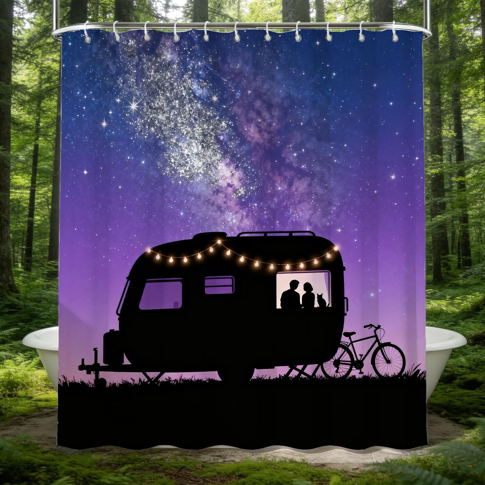 Hongduo 3D Camper Van Shower Curtain for Stalls Bathtubs Silhouette Bathroom Decor Shower Curtain Set Polyester Fabric Waterproof 200x200cm/79X79 Inch with Hooks