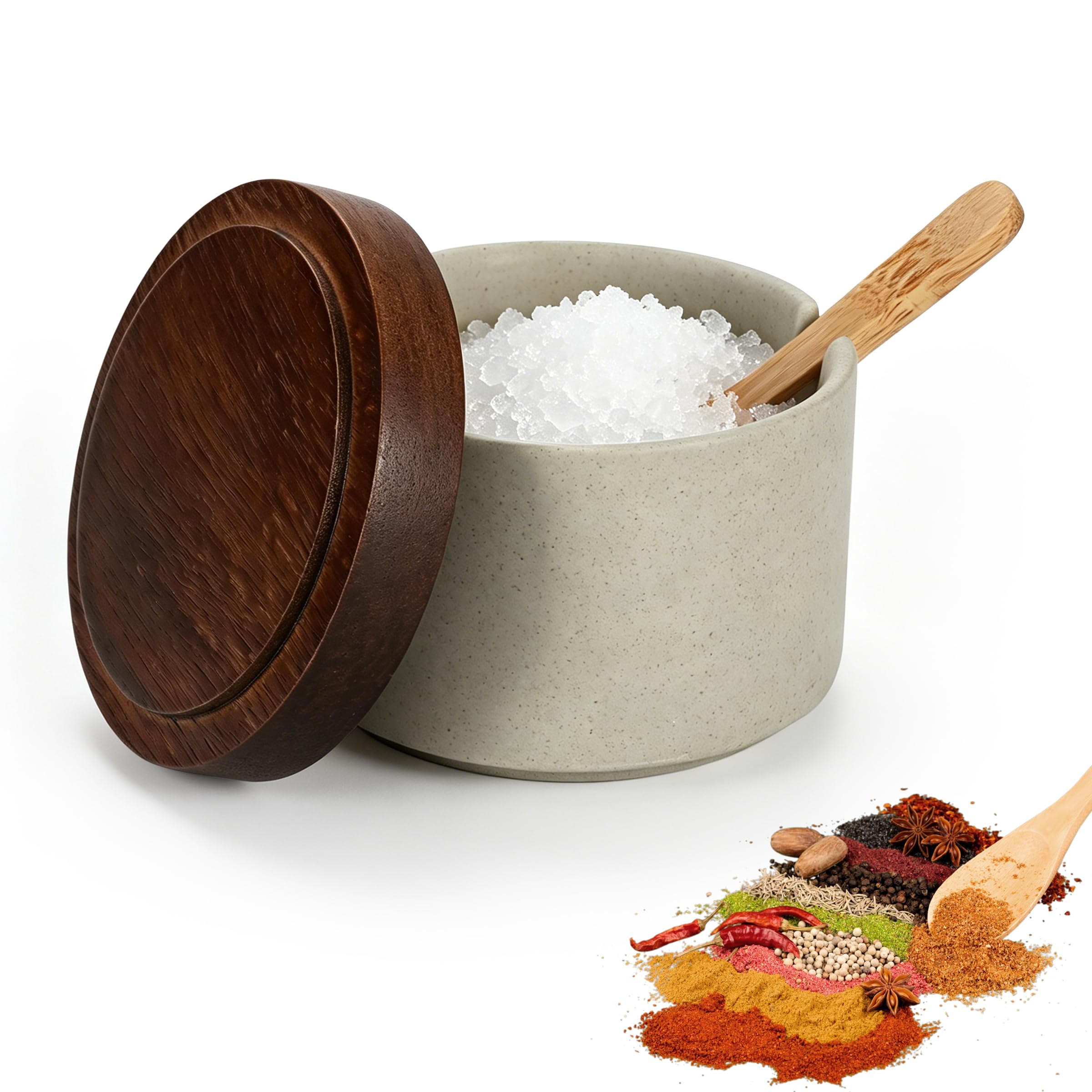Ceramic Salt Cellar with Acacia Wood Lid and Spoon, Salt Pig,Salt Container