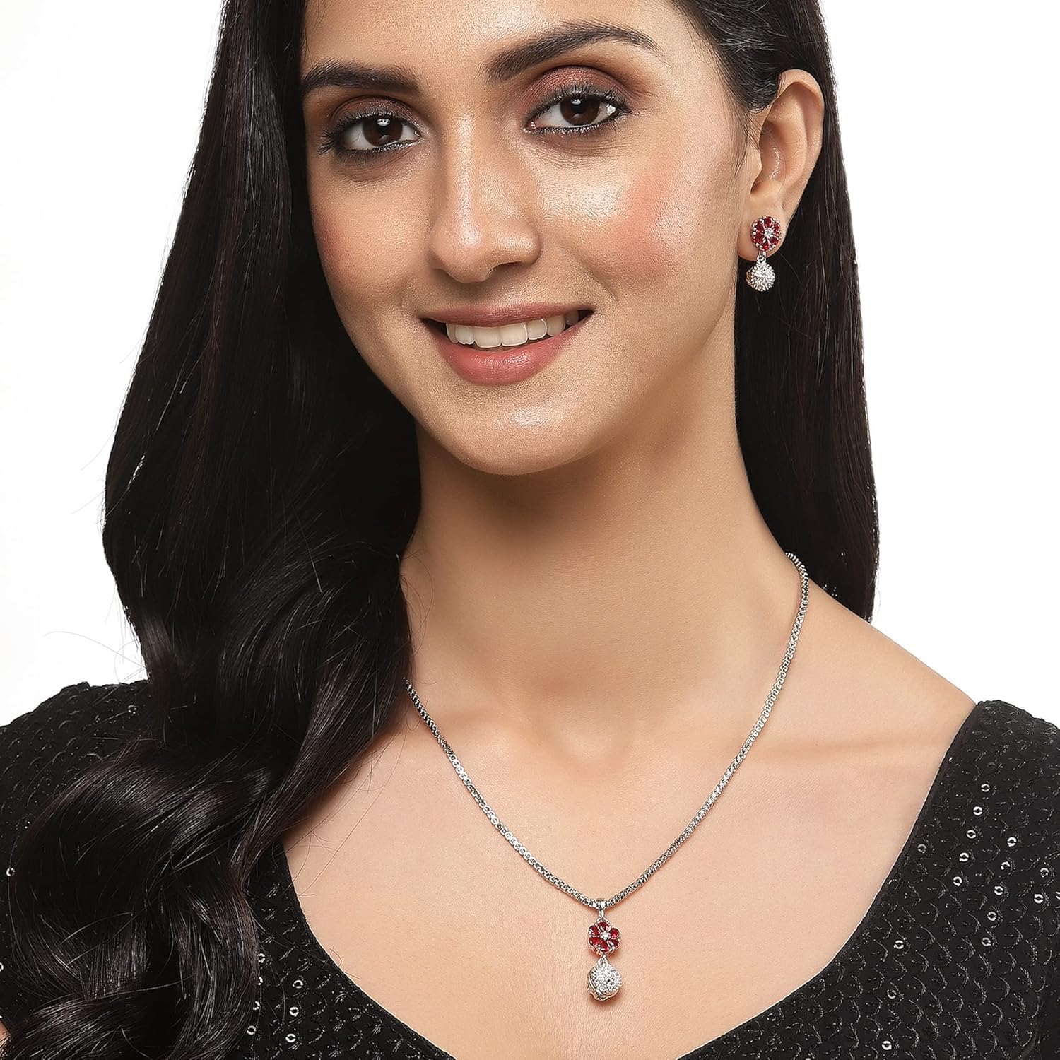 ZENEME Rhodium-Plated Silver Toned Green Cubic Zirconia studded Floral Shaped Cute Pendant with Earrings Jewellery Set for Girls and Women (Green) - Image 8