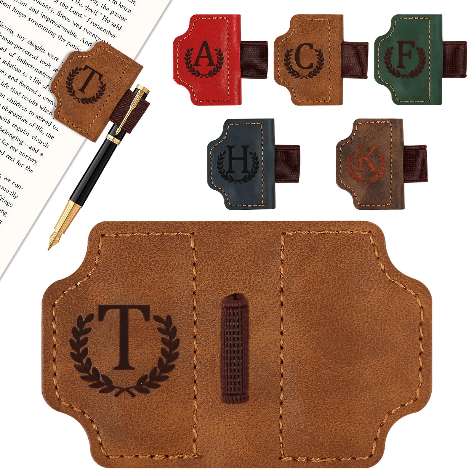 LACGO Vintage Leather Bookmark,Magnetic Book Mark with Pen Holder,Personalised Book Gift with Letter, Classic Stitched Leather Bookmark,Gift for Christmas,Birthday (Brown, T) — image 1