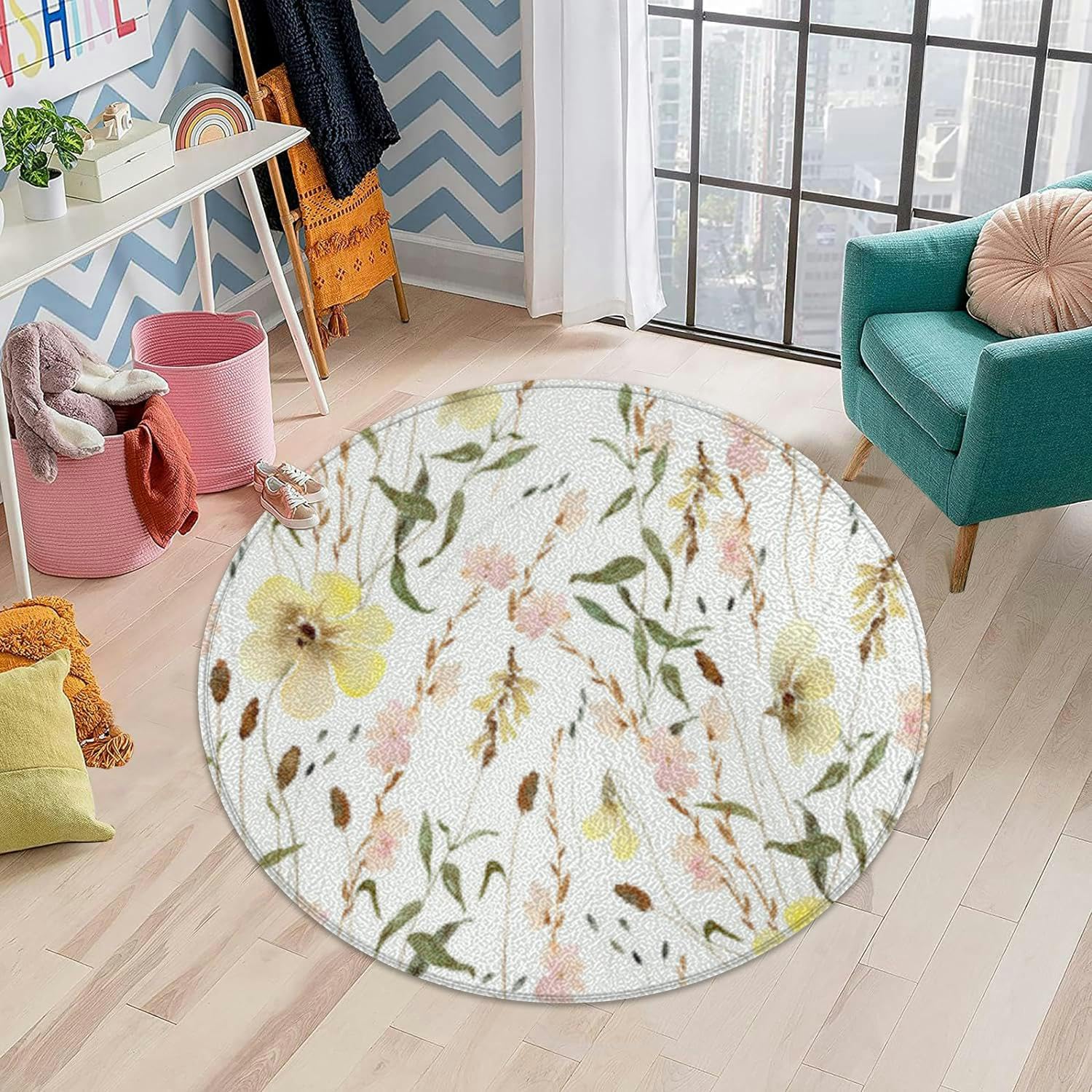 Small Round Rug 3ft Circular Circle Rugs Round Bathroom Entryway Bedroom Kitchen Washable Area Rug Carpet 3 Feet Watercolor Boho Wildflowers Floral Hand Drawn Elegant Delicate Botanic Rug