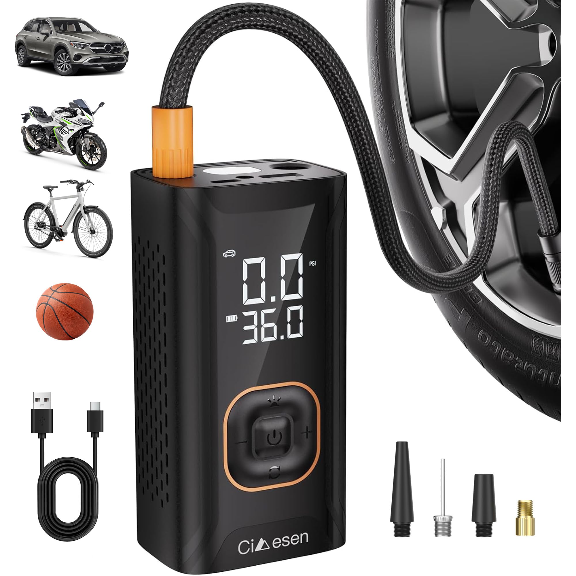 Compressore d'aria portatile, 150 psi, compressore d'aria portatile con manometro preciso, gonfiaggio e-bike, pompa d'aria senza fili per auto, bici, moto, palla