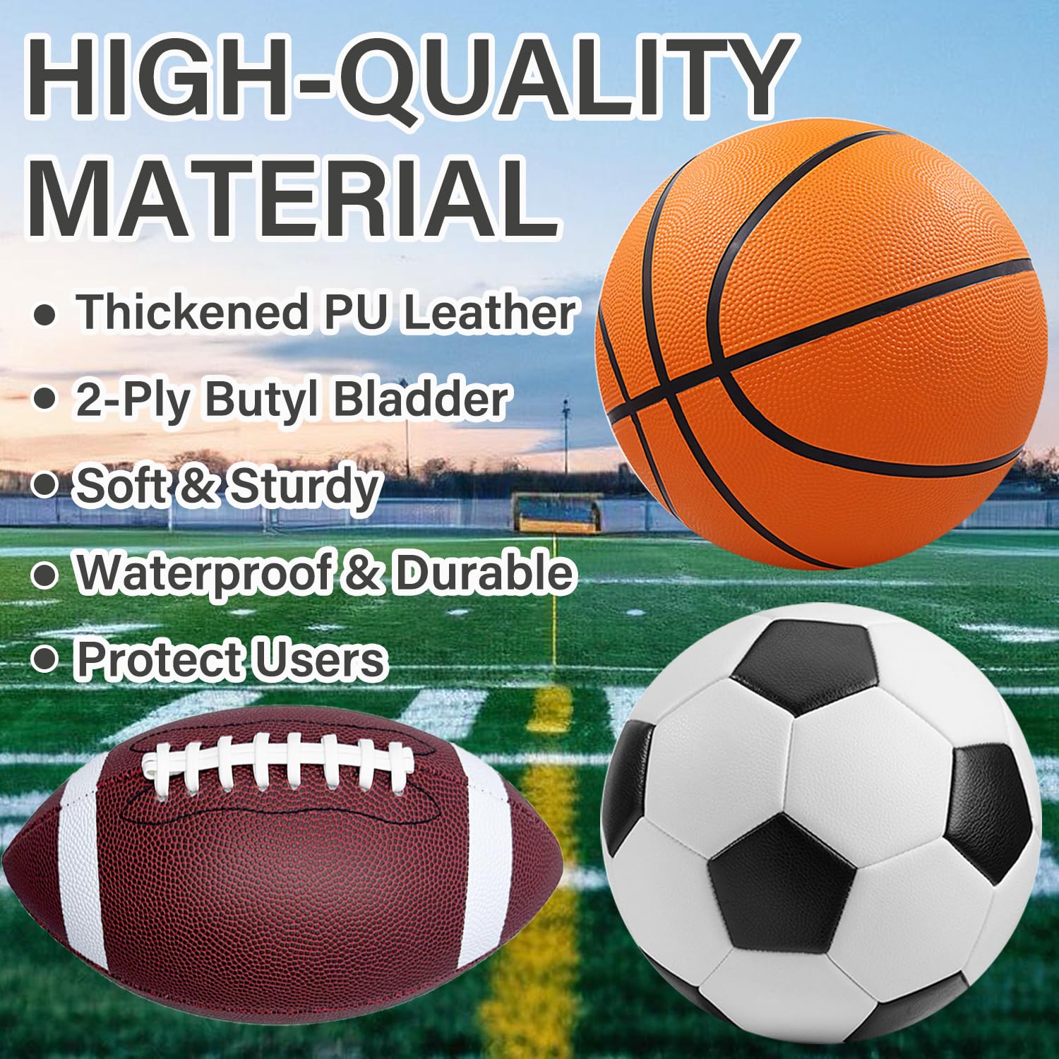 Juego de pelotas deportivas de 3 piezas, incluye baloncesto tamaño 5, pelota de fútbol talla 4, fútbol y bomba de fútbol tamaño 6, equipo deportivo con bolsa, regalo deportivo perfecto para 4