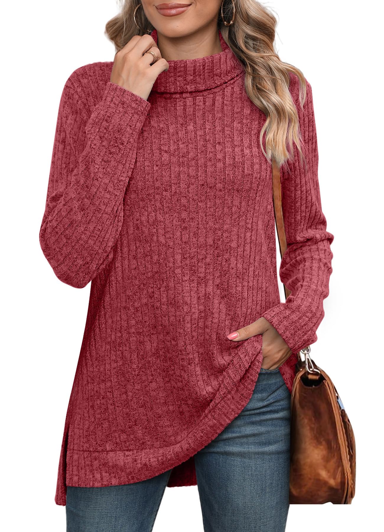 WIHOLL Womens Tunic Tops Turtleneck Long Sleeve Shirts Oversized Fall Sweaters Side Split High Low Hemline