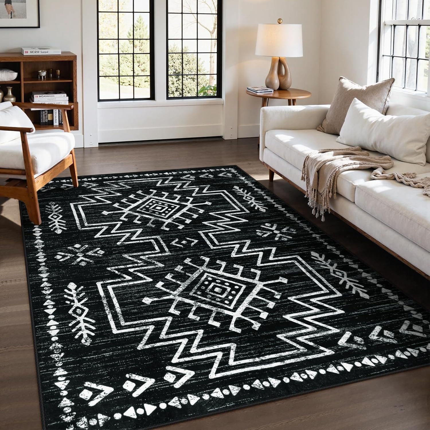 Tapis de salon géométrique noir et blanc 110x180 cm lavable