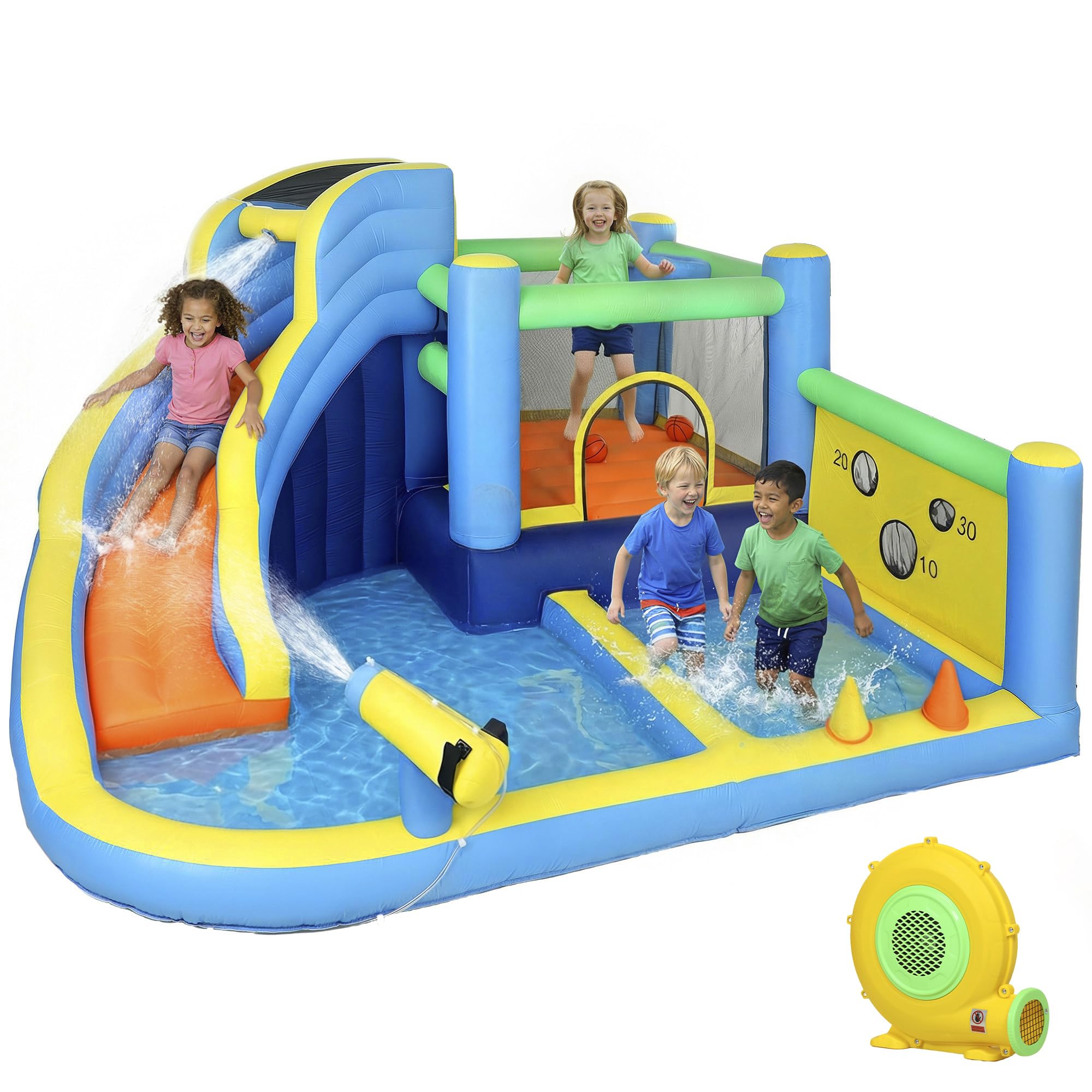 AIYAPLAY Castillo Hinchable Acuático 8 en 1 Soplador 550W Castillo Hinchable Niños con Tobogán Extralargo Seco/Mojado Zona de Salto Escalada Canasta Lanzamiento de Aros Exterior Interior 350x320x190cm