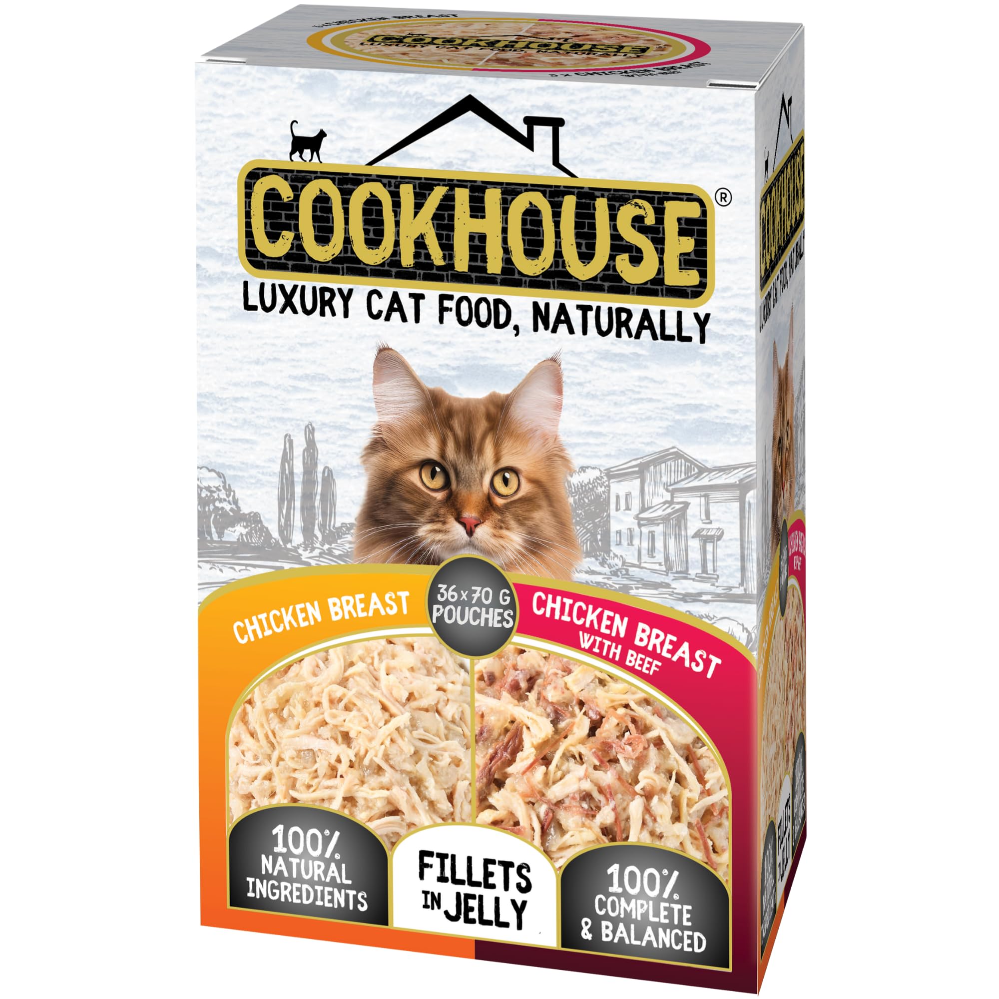COOKHOUSE 100% Natural & Complete Luxury Wet Cat Food - Chicken Breast/Chicken Breast with Beef - Fillets in Jelly - 36 x 70g Pouches