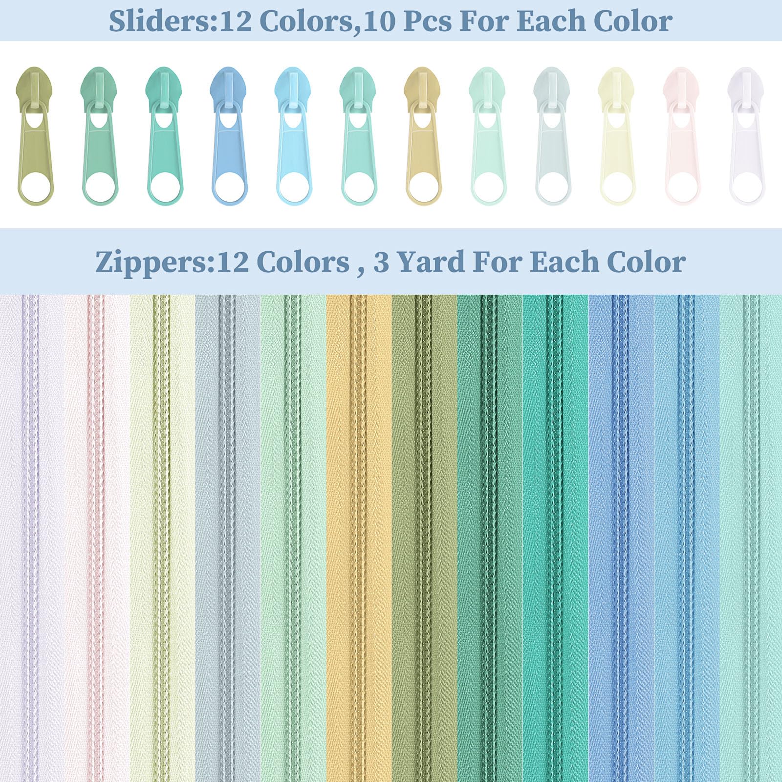 Syhood Lot de 12 fermetures éclair à coudre en nylon assorties - Légères et adaptables - 120 curseurs en plastique pour fournitures de couture - 30 m - Couleur pâle